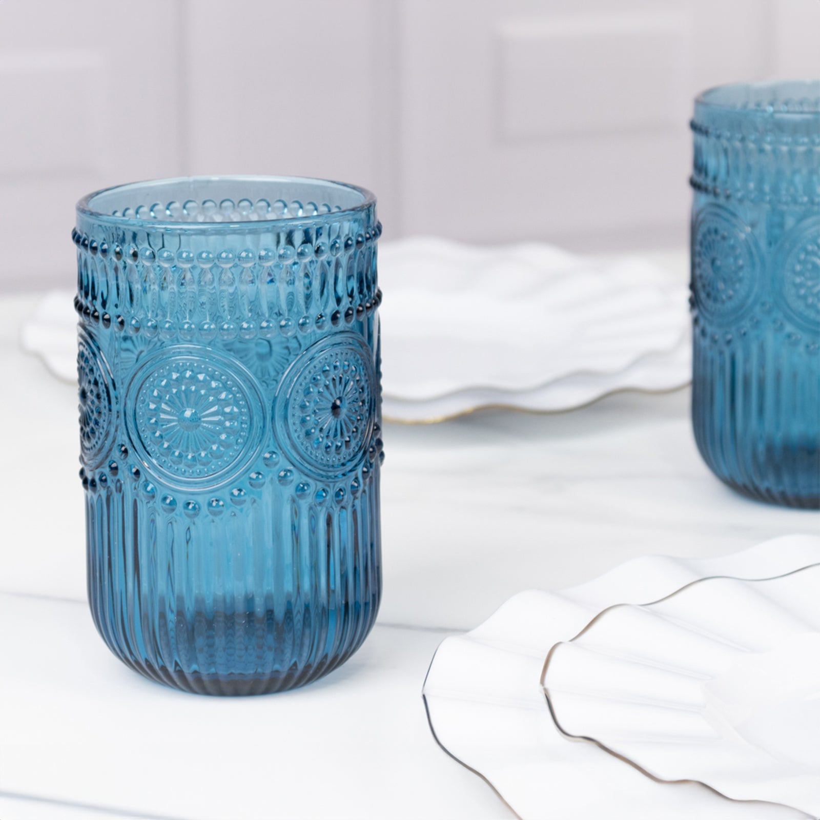 6-Pack Glass Tumblers Ocean Blue Vintage Embossed Design with Textured Floral Pattern - Highball Glasses for Drinks & Parties 14oz