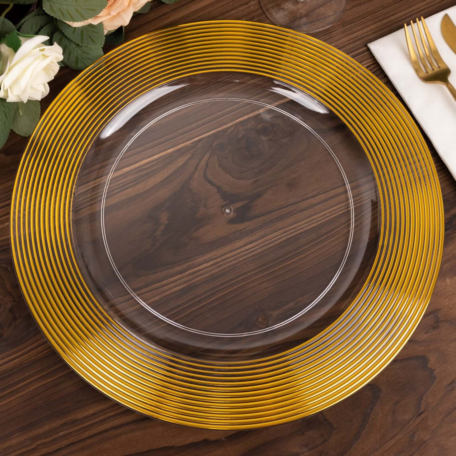 6-Pack Plastic Round Charger Plates 13 in Clear with Gold Lined Ring Rim, Classy Dinner Serving Plates