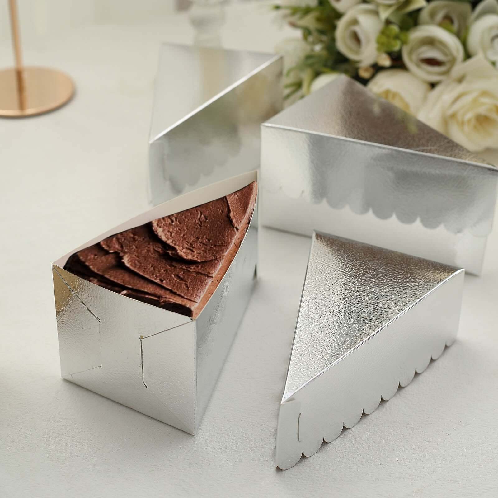 10-Pack Cardstock Triangle Cake Slice Boxes Metallic Silver with Scalloped Top - Decorative Takeaway Dessert Containers for Pie Snacks & Party Favors 5x3