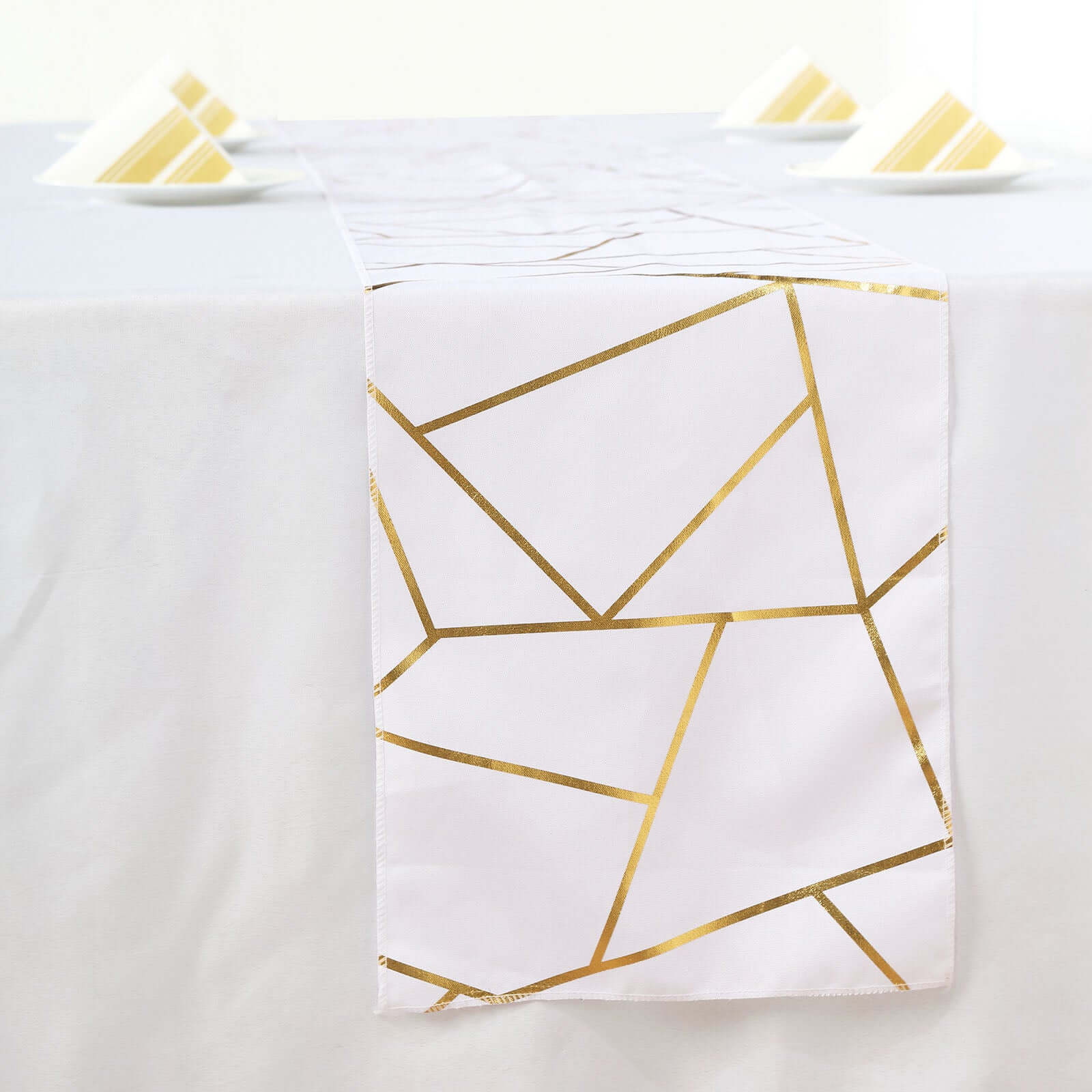 Polyester 9ft Table Runner White with Gold Foil Geometric Pattern - Modern & Stylish Table Decor