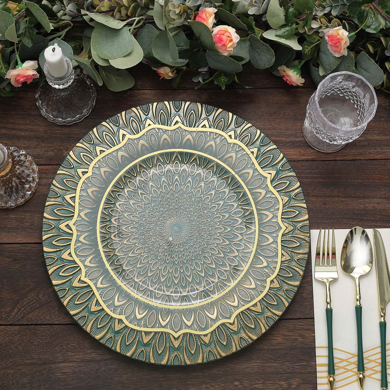 6-Pack Plastic Round Charger Plates 13 in Teal with Gold Embossed Peacock Pattern, Stylish Disposable Charger Tableware