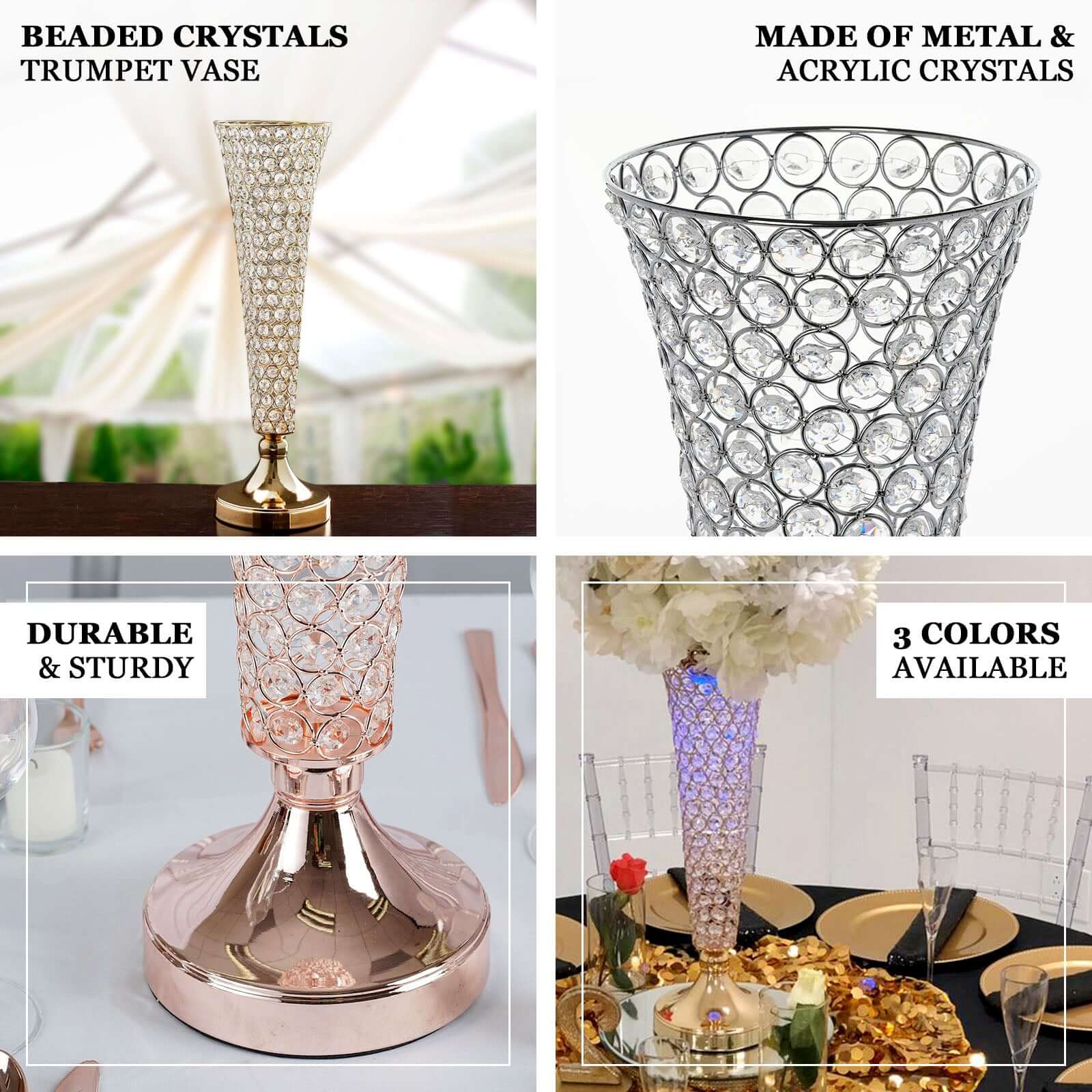 2-Pack Crystal Beaded Trumpet Vase Gold - Exquisite Floral Display Centerpiece Stand Set for Banquets & Receptions 28 Tall