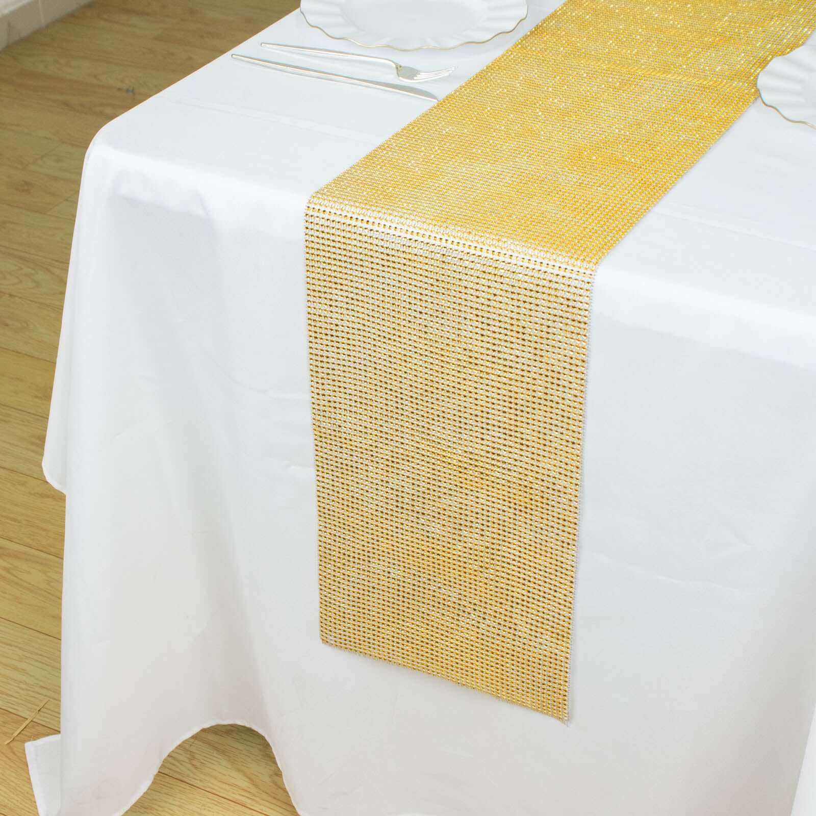 Crystal Rhinestone 10x108 Table Runner Gold - Luxe Shiny Diamond Mesh Bling Table Runner Roll