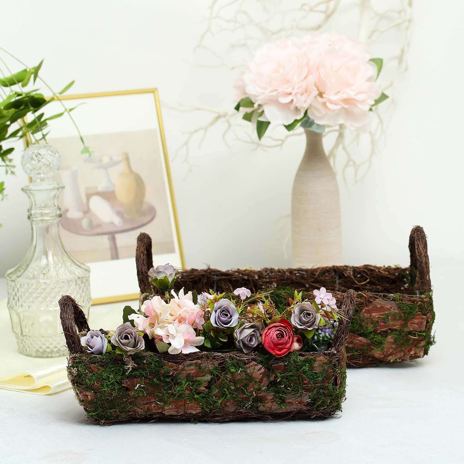 Set of 2 Rustic Planter Boxes Preserved Moss Log Shaped with Handle - Flower Basket Centerpieces 13, 15