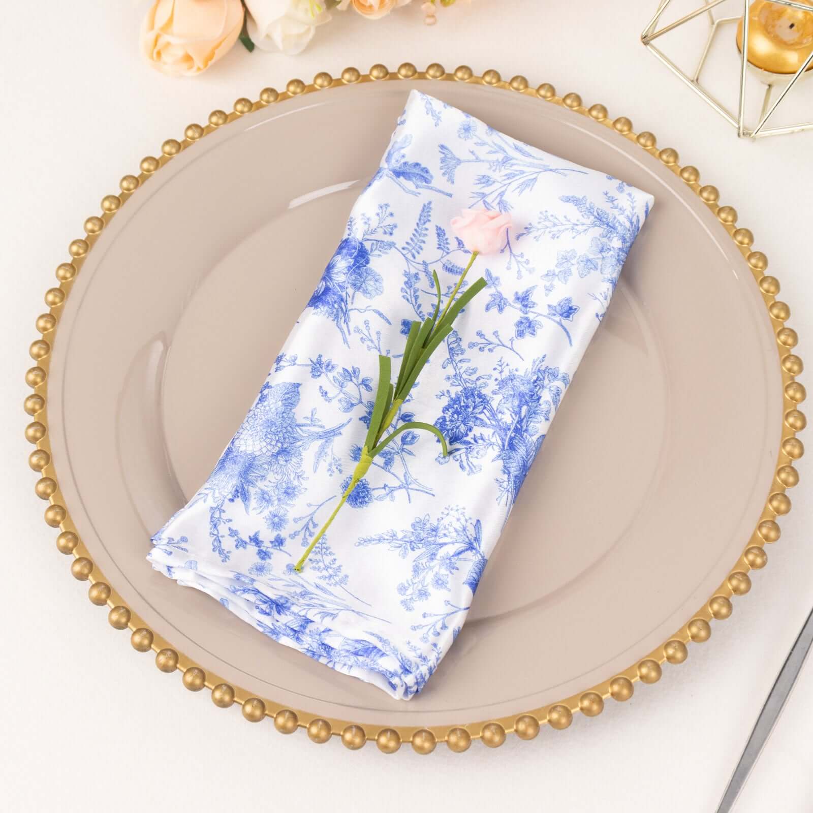 5 Pack Satin 20x20 Napkins White/Blue French Toile Pattern - Classy & Easy to Maintain Cloth Napkins for Weddings & Events