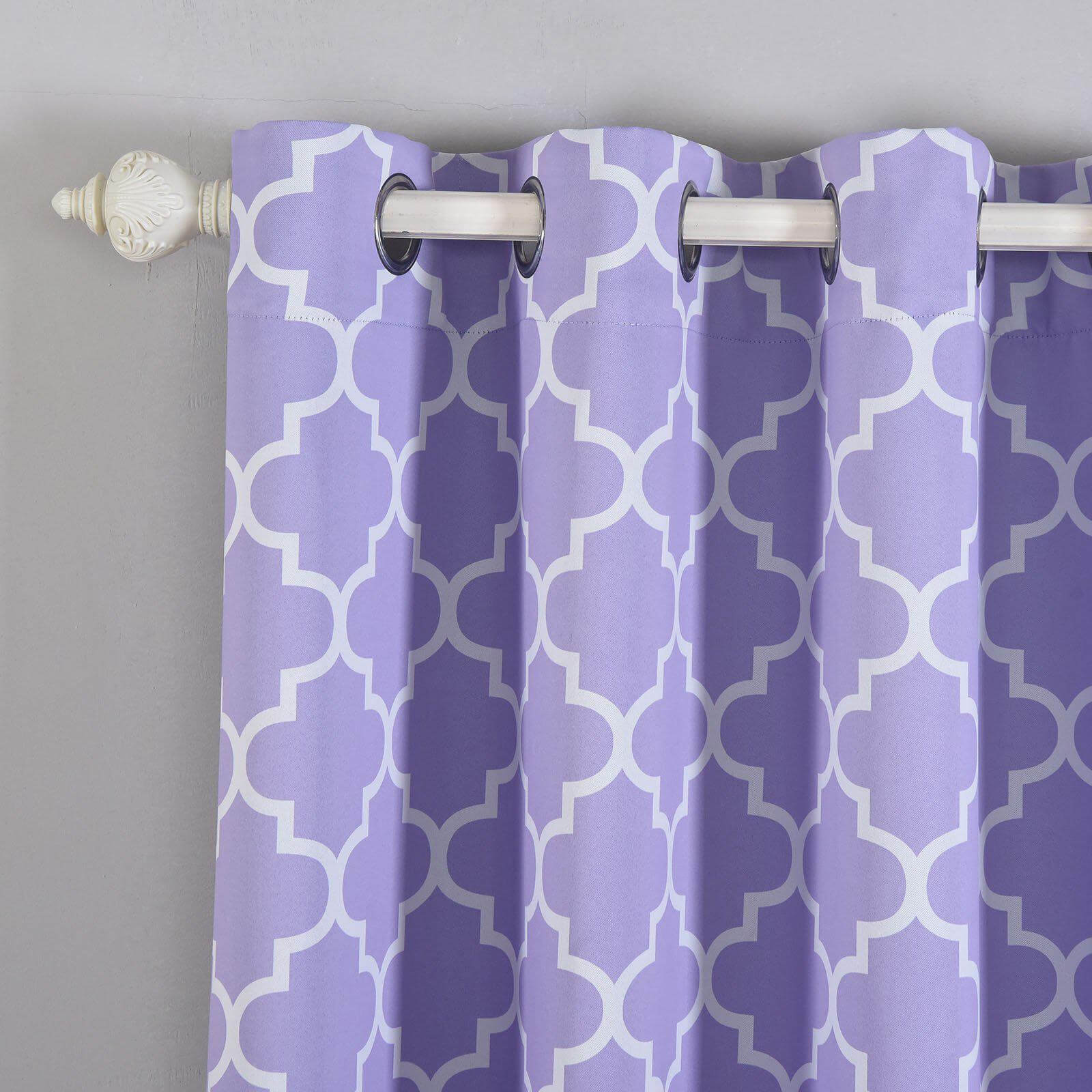 2 Pack White Lavender Lilac Lattice Print Thermal Blackout Curtains With Chrome Grommet Window Treatment Panels - 52x108 Clearance SALE