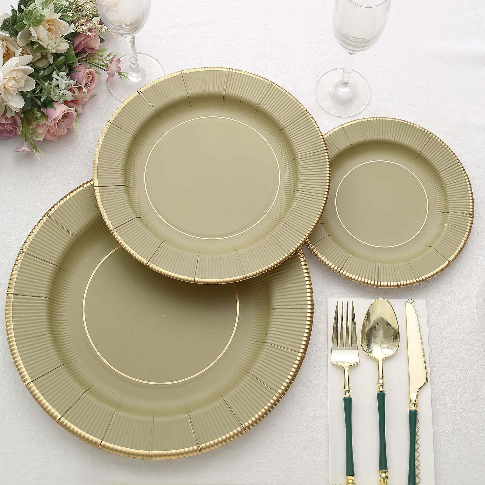 25-Pack Paper 8 Round Dessert Plates in Khaki Sunray Design with Gold Rim - Disposable Heavy Duty 350GSM Appetizer Salad Plates