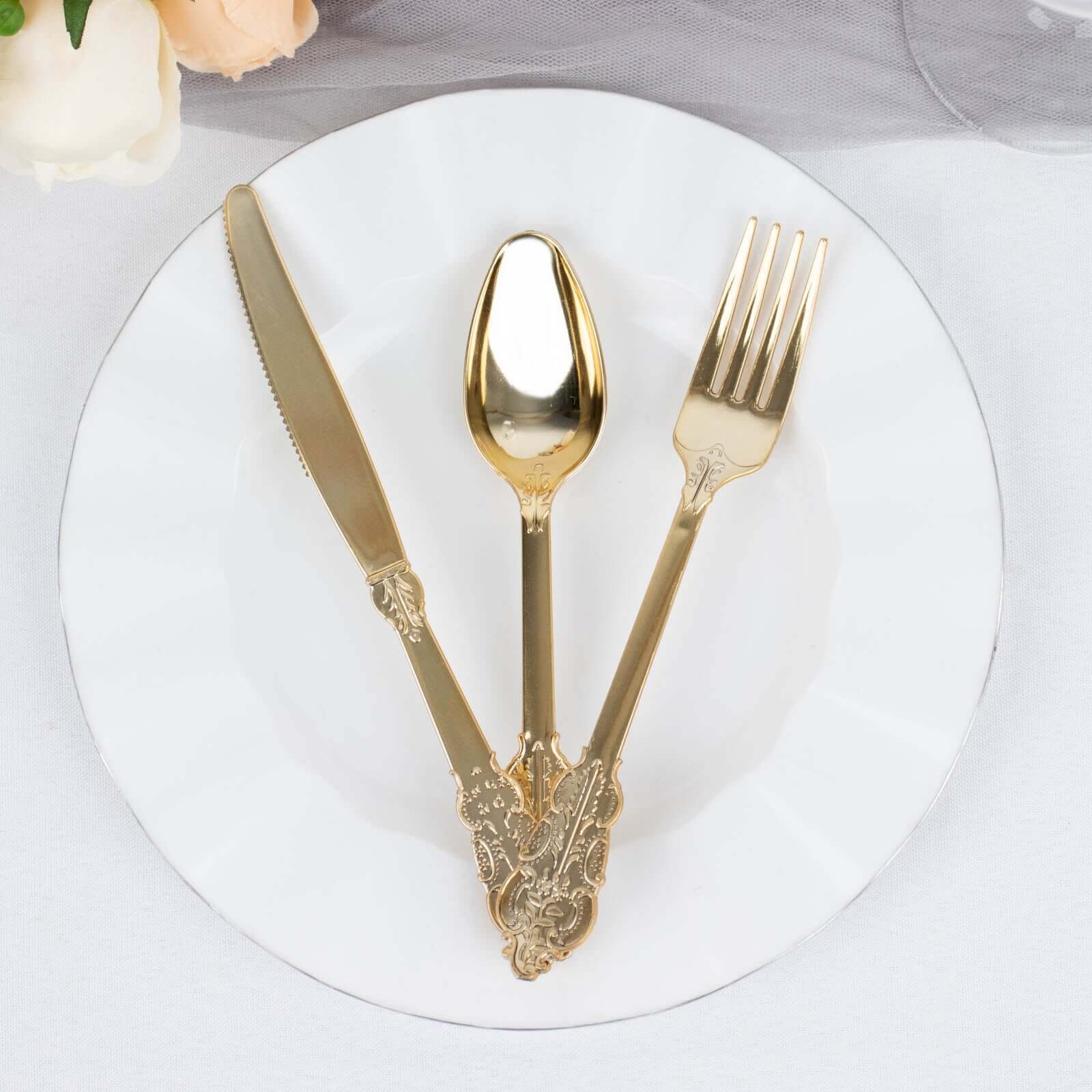 72 Pcs Plastic Silverware Set in Baroque Style Metallic Gold - Heavy Duty Disposable Knife, Fork, and Spoon Set