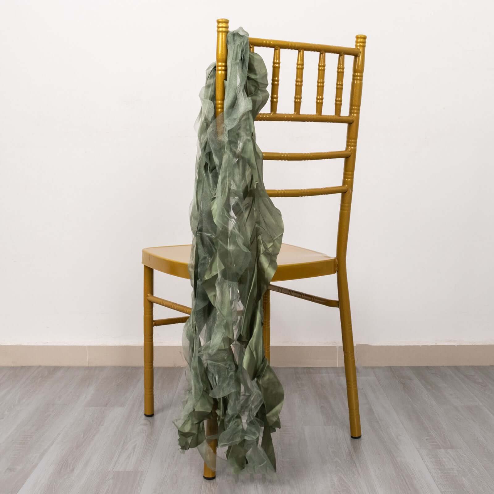 5 Pack Chiffon Satin Chair Sashes Dusty Sage Green - Easy to Install Ruffled Curly Willow