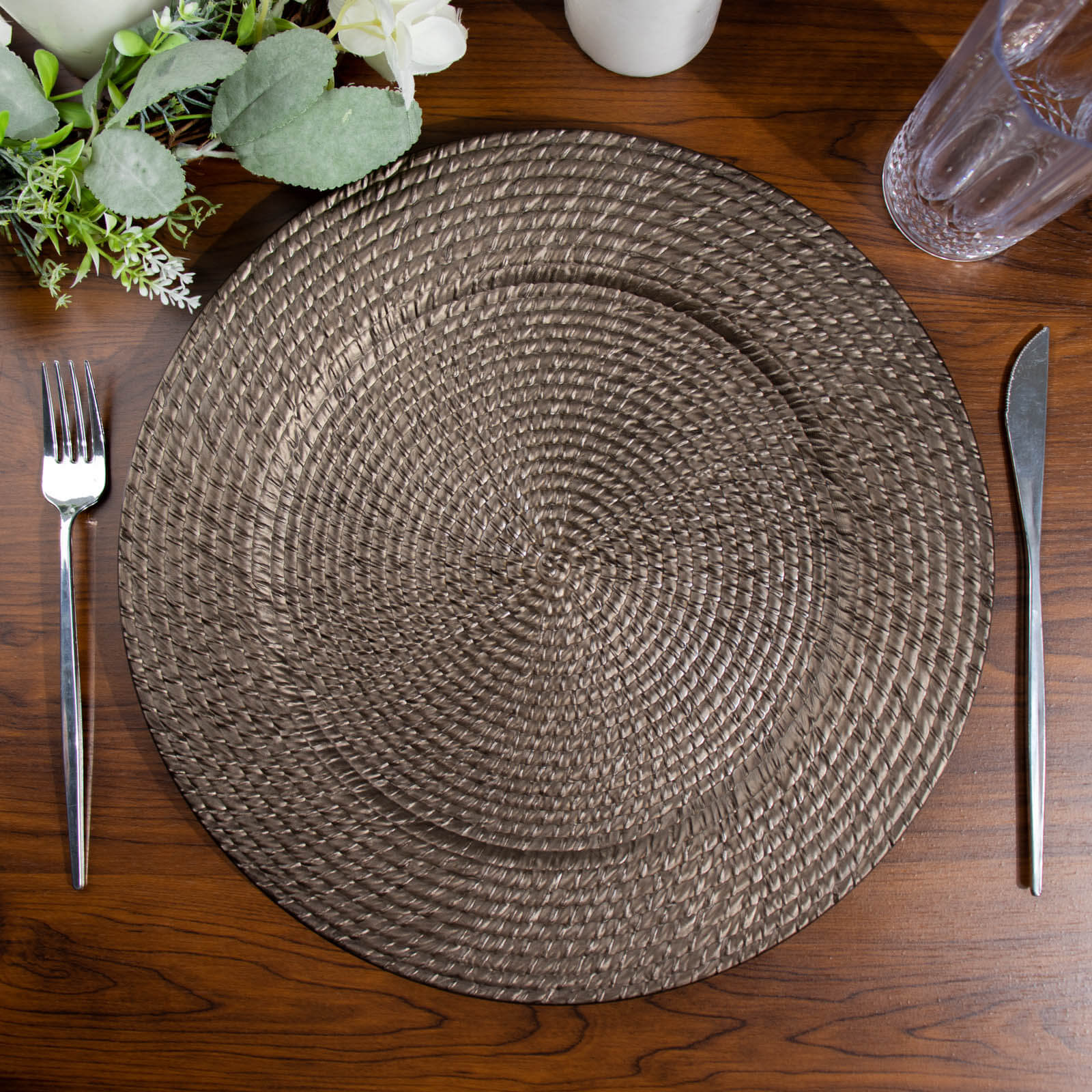 6-Pack Acrylic Round Charger Plates 13 in Natural Brown with Rattan-Like Design, Farmhouse Disposable Plastic Charger Tableware