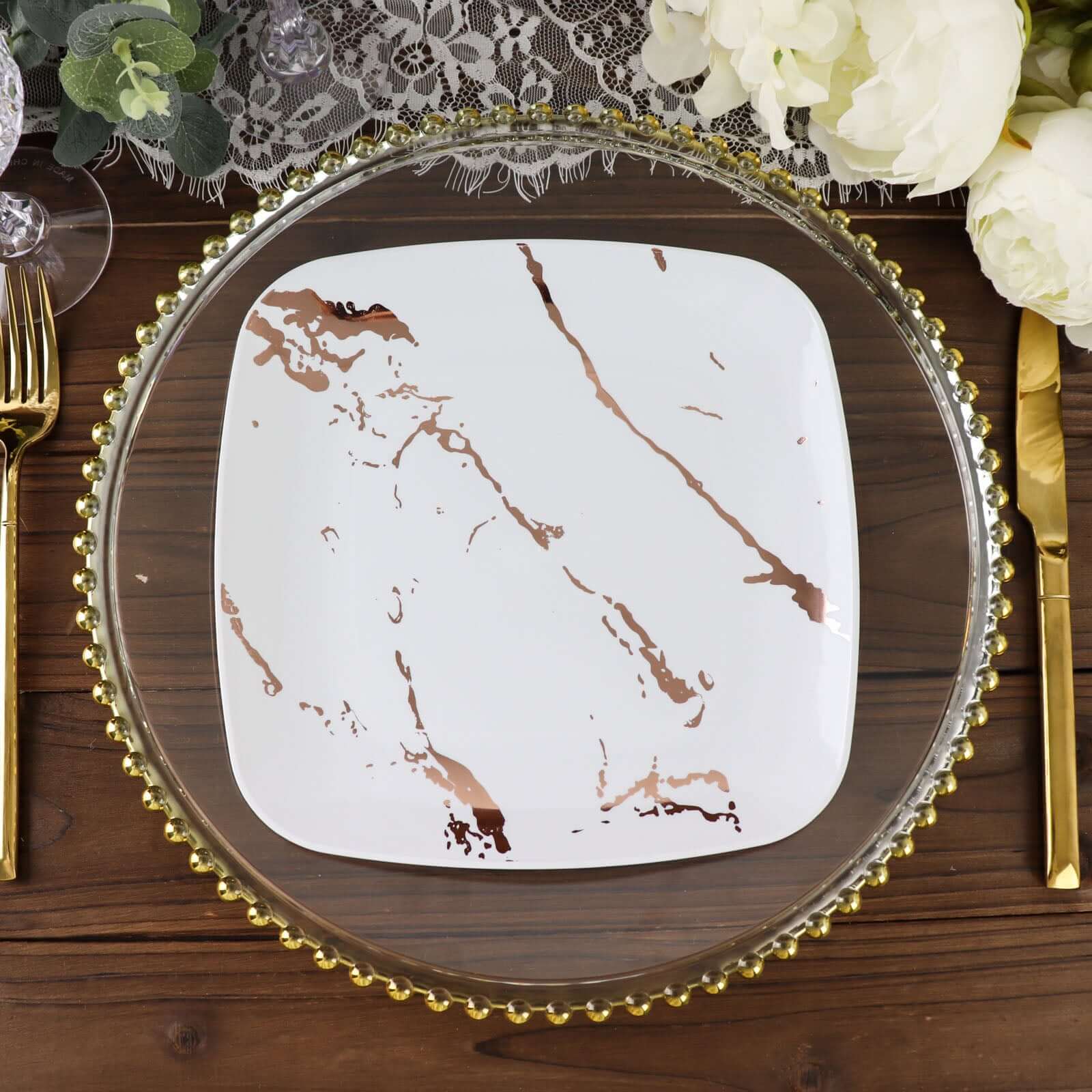 10-Pack Plastic 8 Square Dessert Plates in White with Rose Gold Marble Design - Disposable Appetizer Salad Party Plates