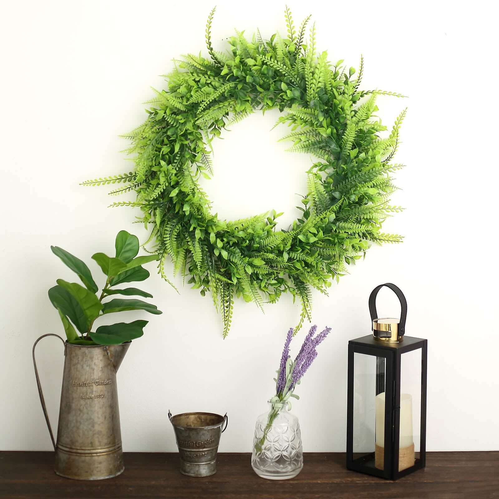 2 Pack 22 Green Artificial Lifelike Boxwood Fern Mix Spring Wreaths