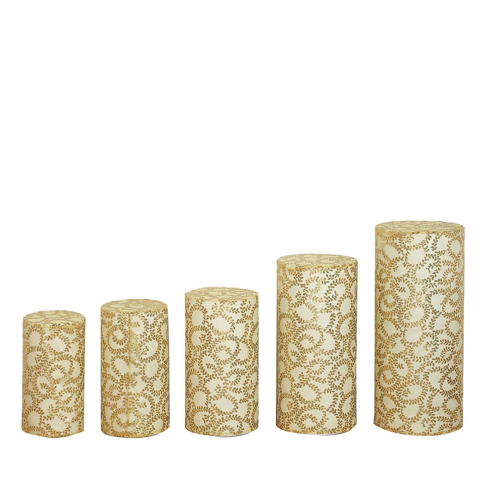 Set of 5 Gold Sequin Mesh Cylinder Pedestal Stand Covers with Leaf Vine Embroidery, Sparkly Sheer Tulle Pillar Prop Covers