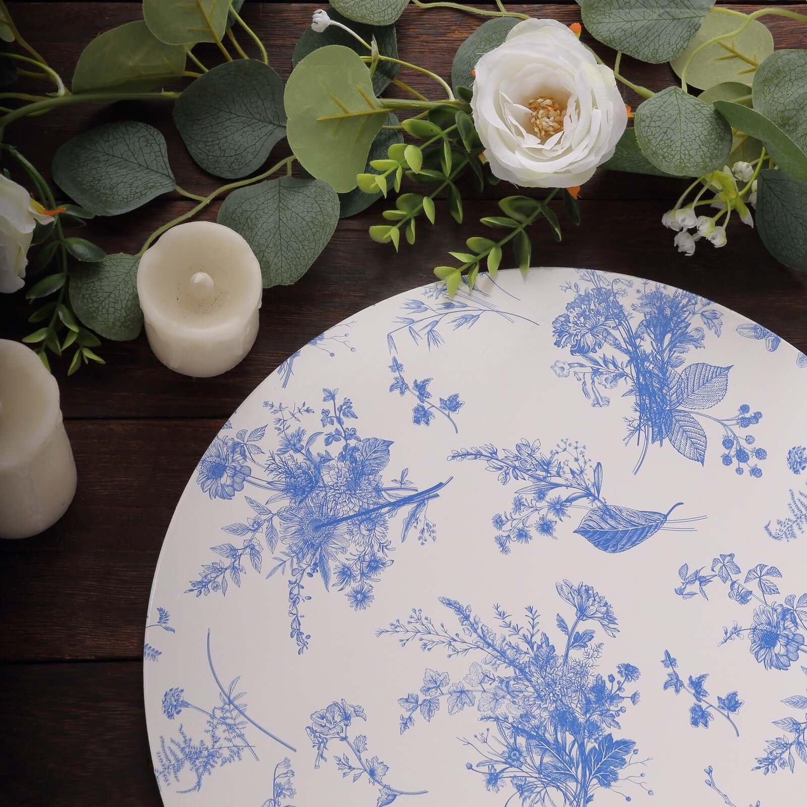 6-Pack Disposable Charger Plates in French Toile Print 13 in White/Blue - 700GSM Floral Paper Chargers for Stylish & Easy Cleanup