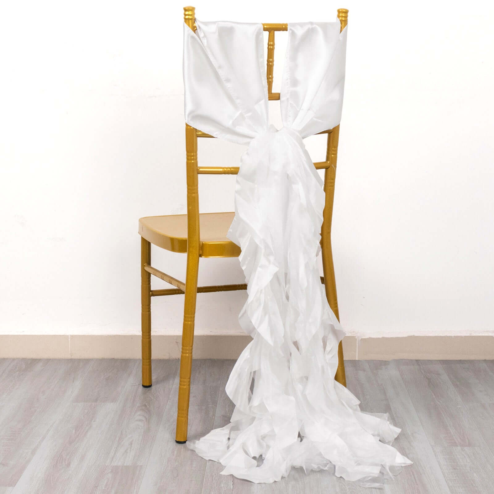 5 Pack Chiffon Satin Chair Sashes White - Easy to Install Lustrous Ruffled Curly Willow Wedding Chair Decorations