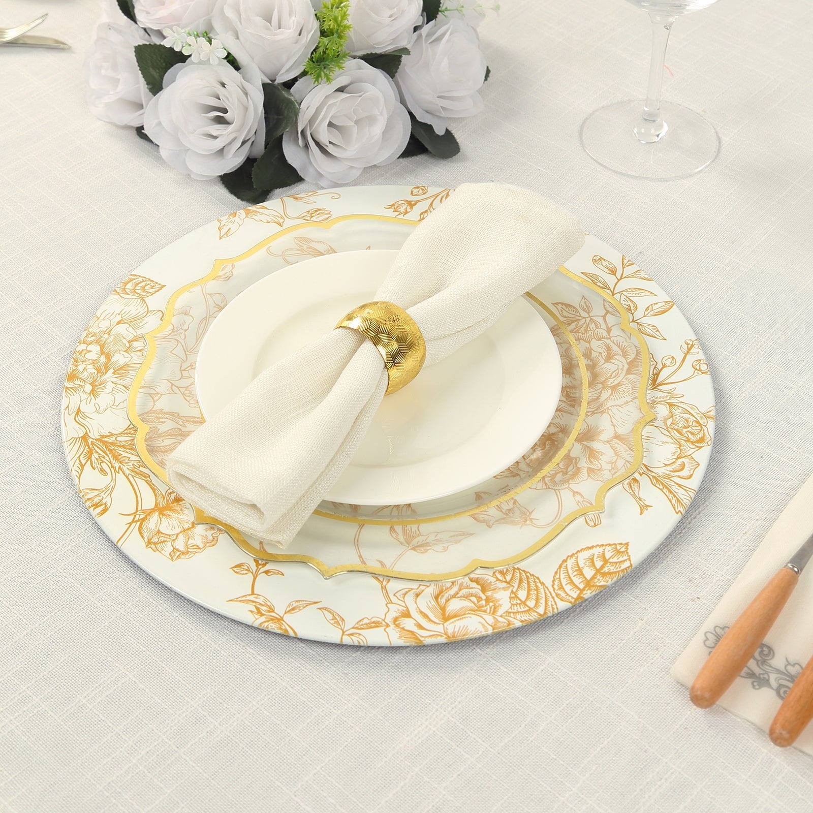 6-Pack Acrylic Round Charger Plates 13 in White with Gold Floral French Toile Pattern, Decorative Dinner Party Charger Tableware