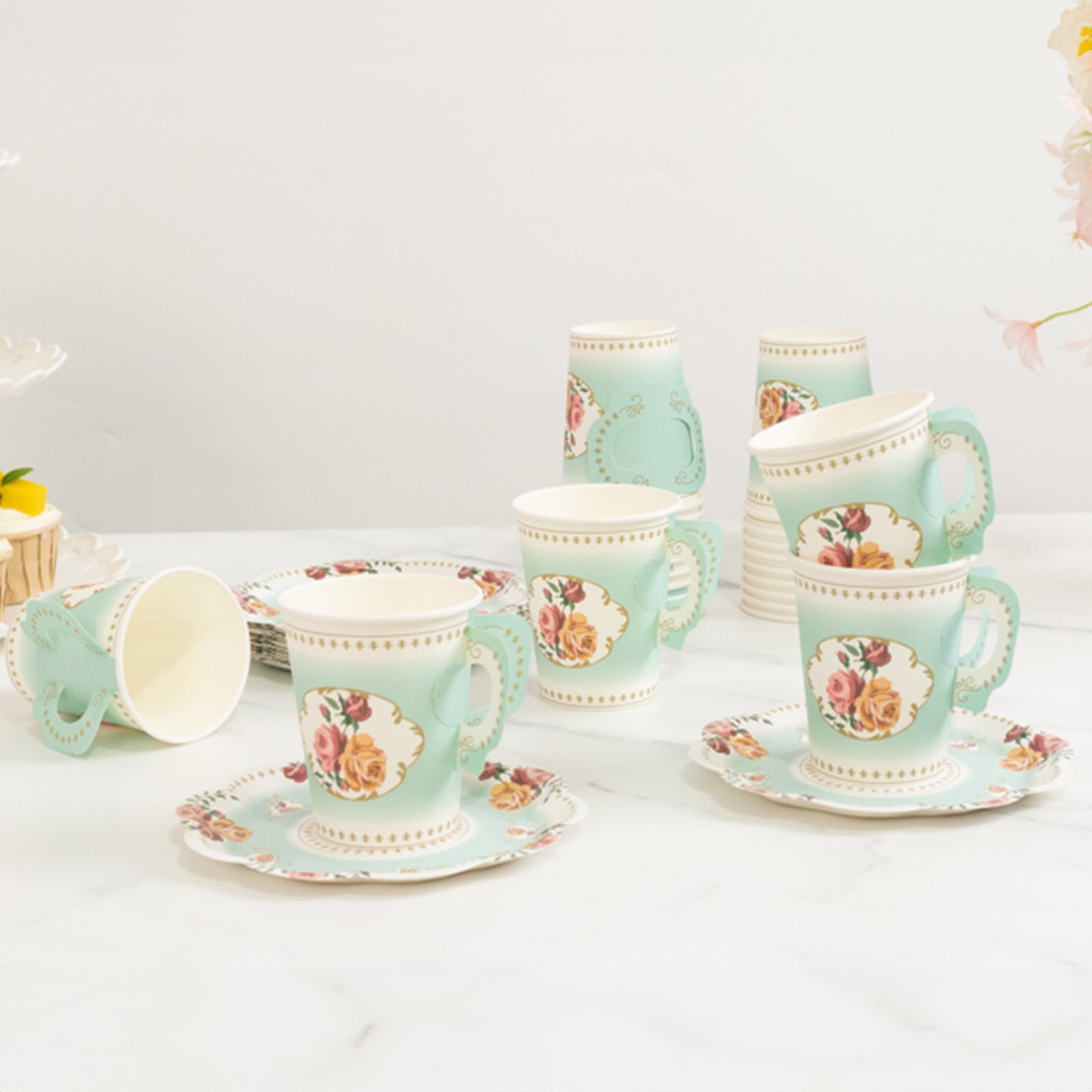 Set of 25 Paper Cups and Saucers in Turquoise with Rose Floral Print - Vintage Inspired Disposable Tea Party Decorations