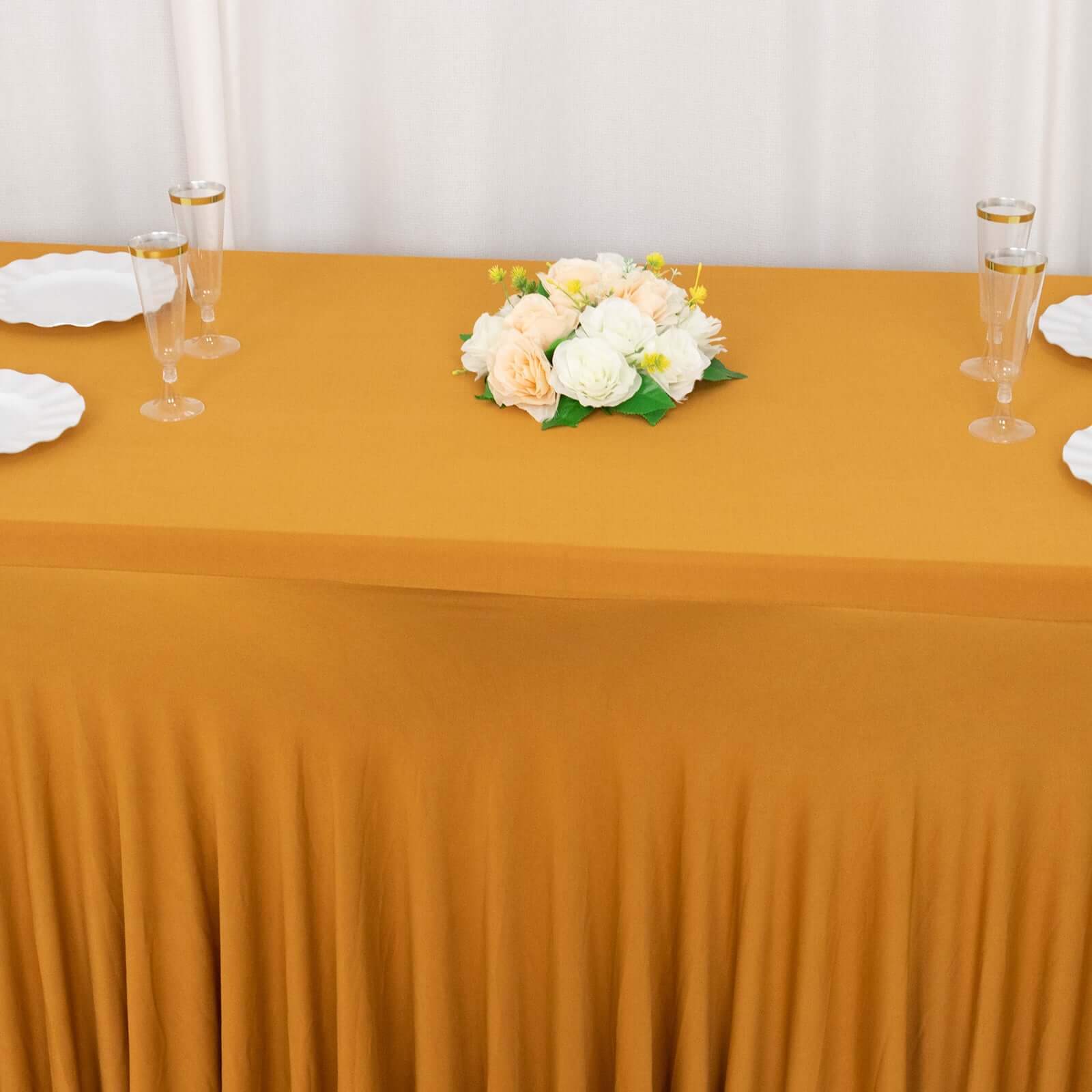 Spandex Rectangle 72x30 Table Skirt Gold with Wavy Skirt-Like Effect Stylish Table Cover for Weddings, Banquets & Trade Shows