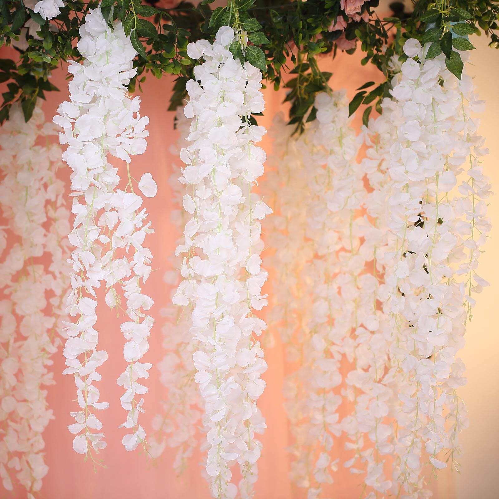 42 Silk Hanging Wisteria Flower Garland Vines in White, Elaborated 5 Full Strands in 1 Bush