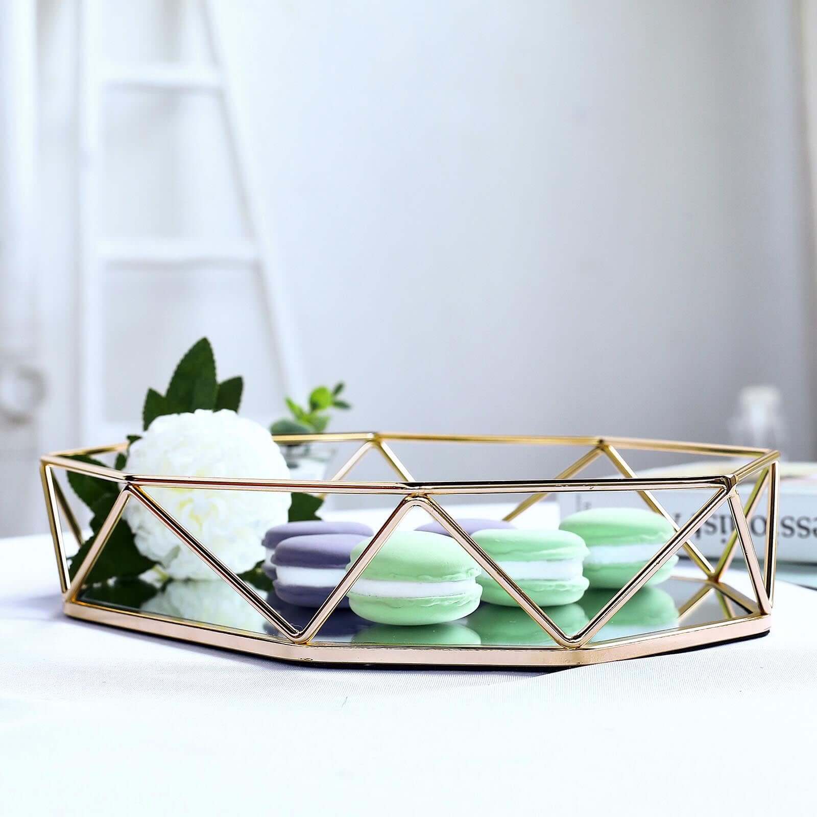 Metal Octagon Serving Tray 14x9 in Gold with Mirrored Top, Sleek Decorative Vanity Tray Centerpiece