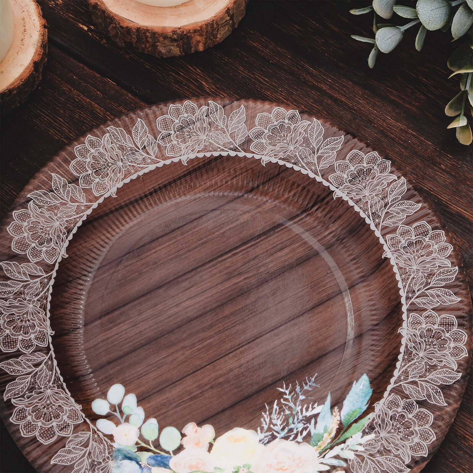 25-Pack Disposable Round Charger Plates in Brown Rustic Wood Print with Floral Lace Rim - Durable Paper Chargers for Rustic Themes & Outdoor Events 13