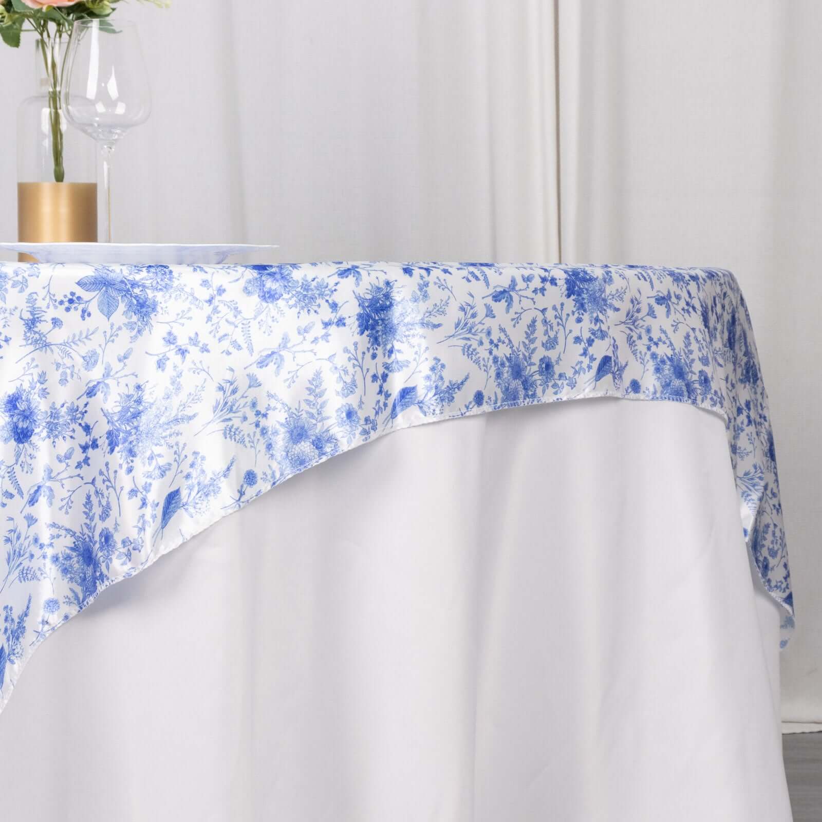 Satin 72x72 Table Overlay Square Tablecloth White Blue - French Toile Floral Design for Stylish Celebrations