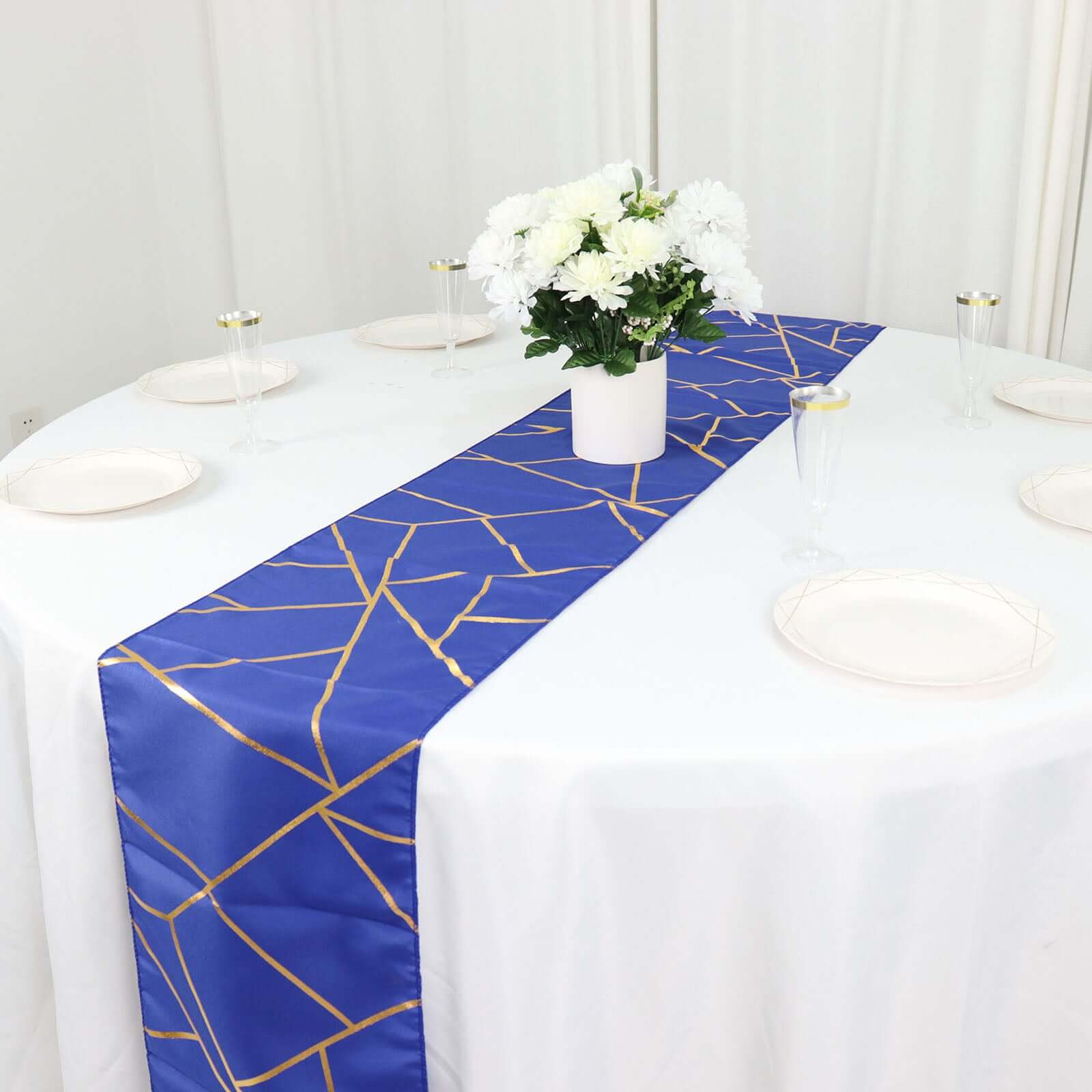 Polyester 9ft Table Runner Royal Blue with Gold Foil Modern Geometric Accent