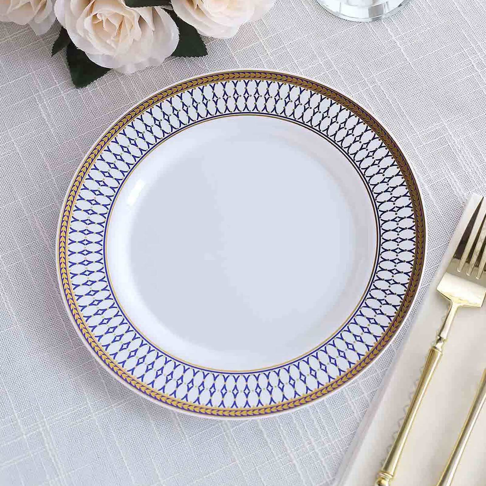 10-Pack Plastic 9 Round Dinner Plates in White with Gold Navy Blue Chord Rim - Renaissance Style Disposable Plates for Events & Banquets