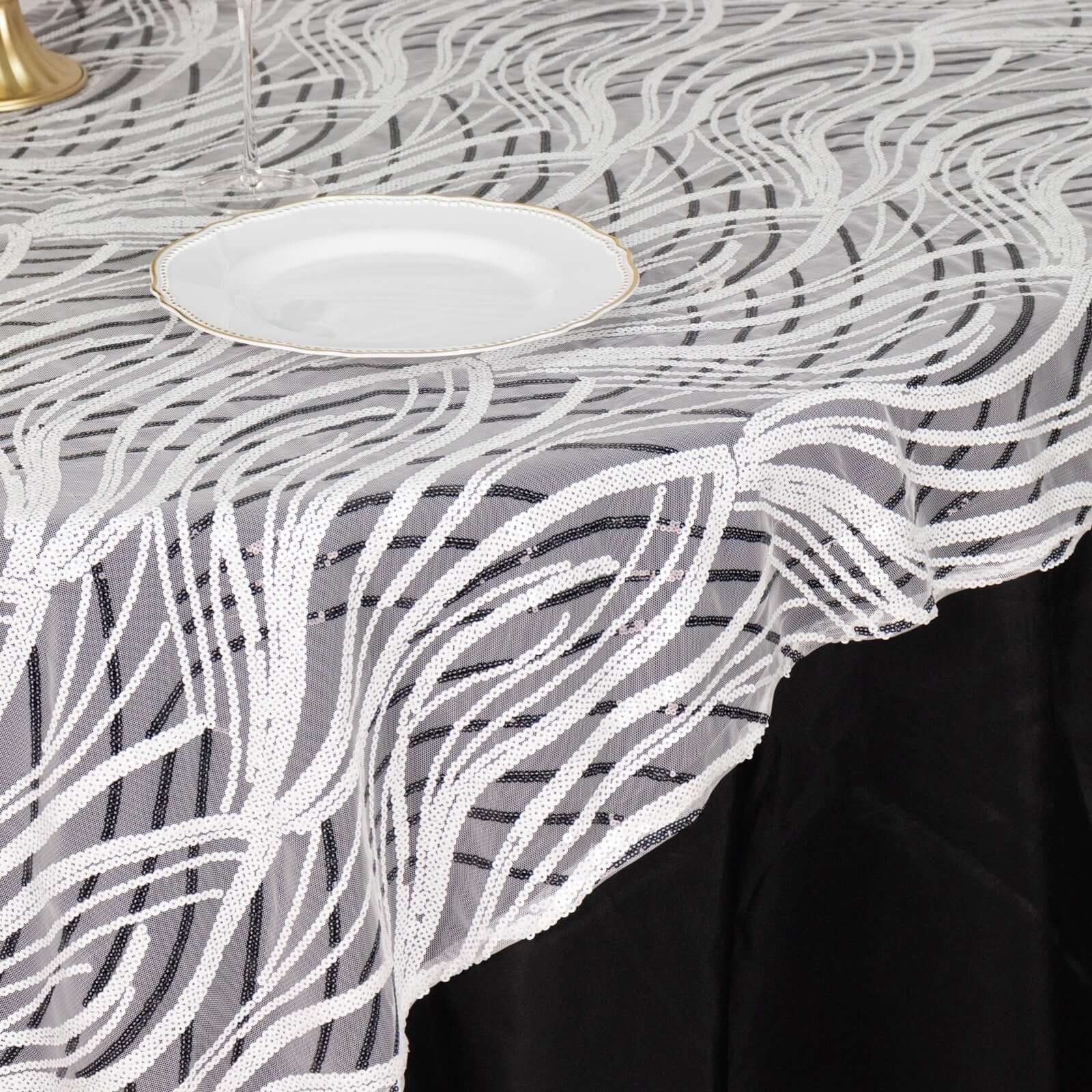 Mesh 72x72 Table Overlay Square Tablecloth White Black - Wave Embroidered Sequins Table Topper