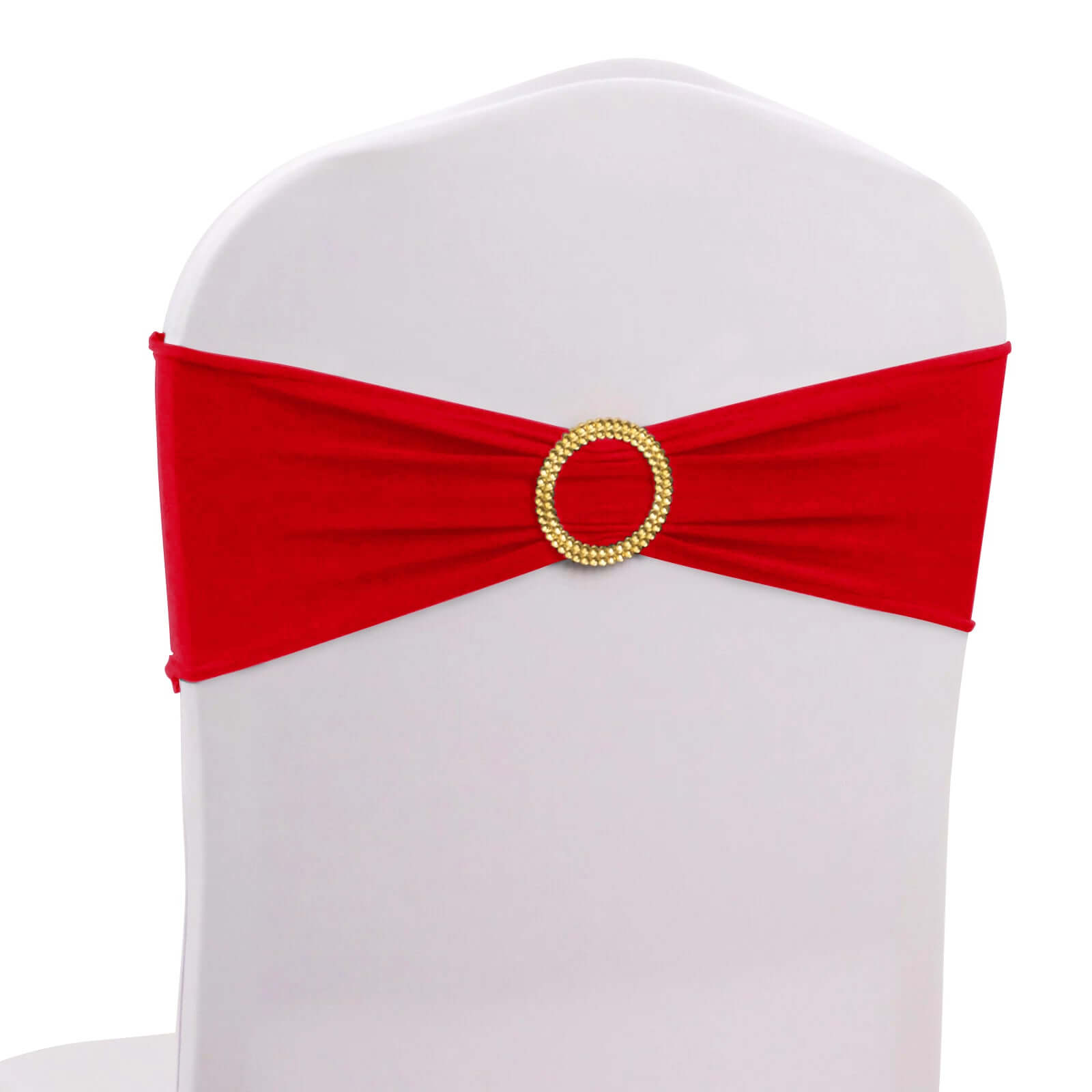 5 Pack Spandex Chair Sashes Red with Gold Rhinestone Buckles - Reusable Four-Way Stretch Sash Bands 5x14