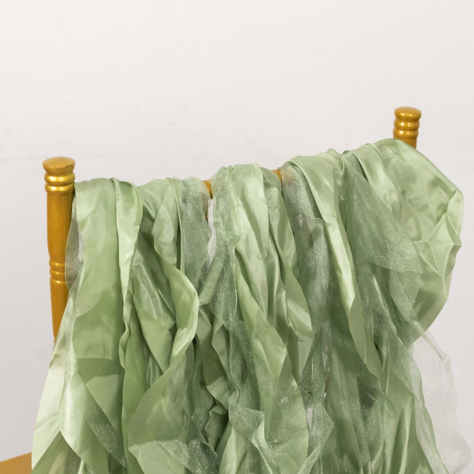 5 Pack Chiffon Satin Chair Sashes Sage Green - Easy to Install Ruffled Curly Willow