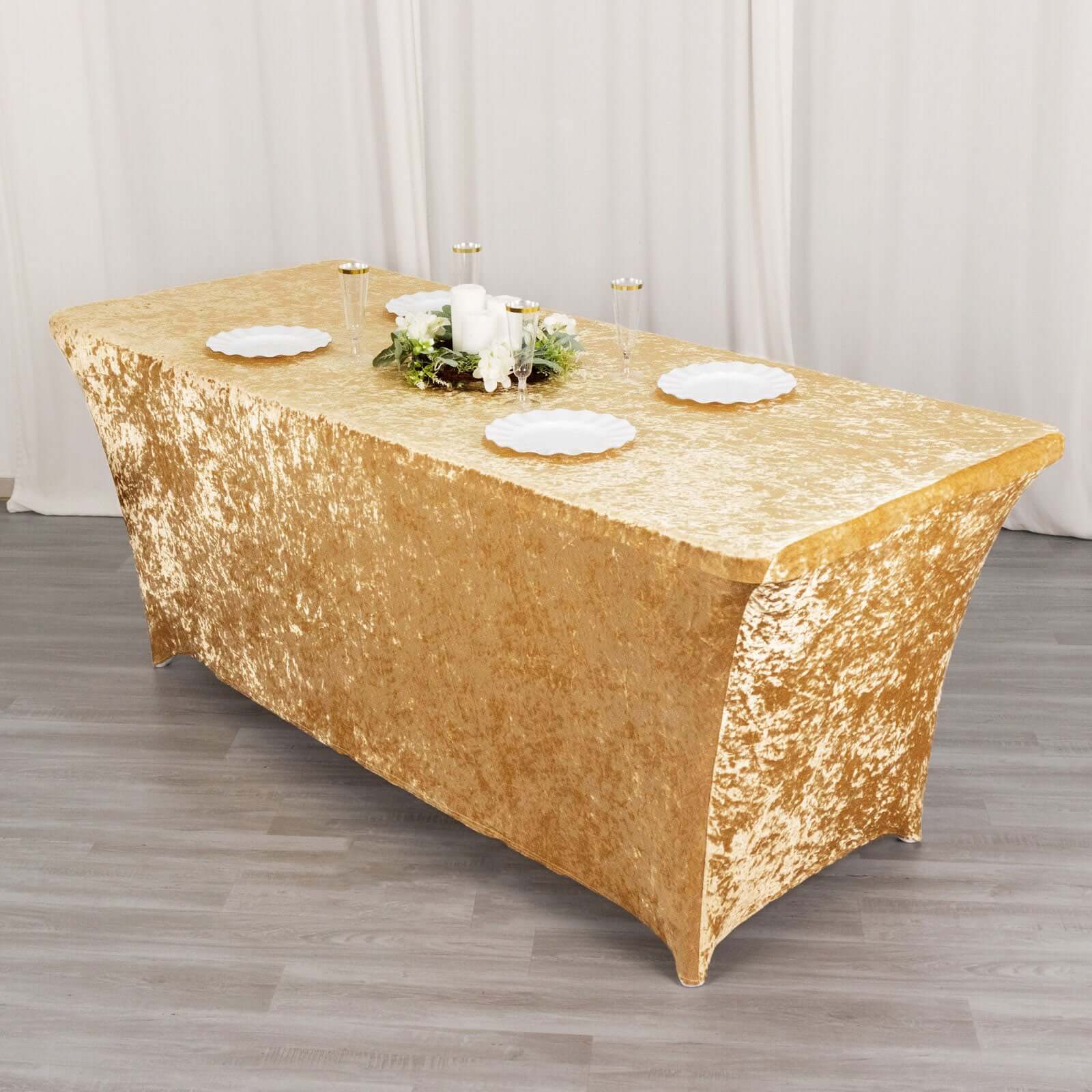 Crushed Velvet Fitted Rectangular 6ft Table Cover Champagne - Wrinkle-Free Stretchy Tablecloth