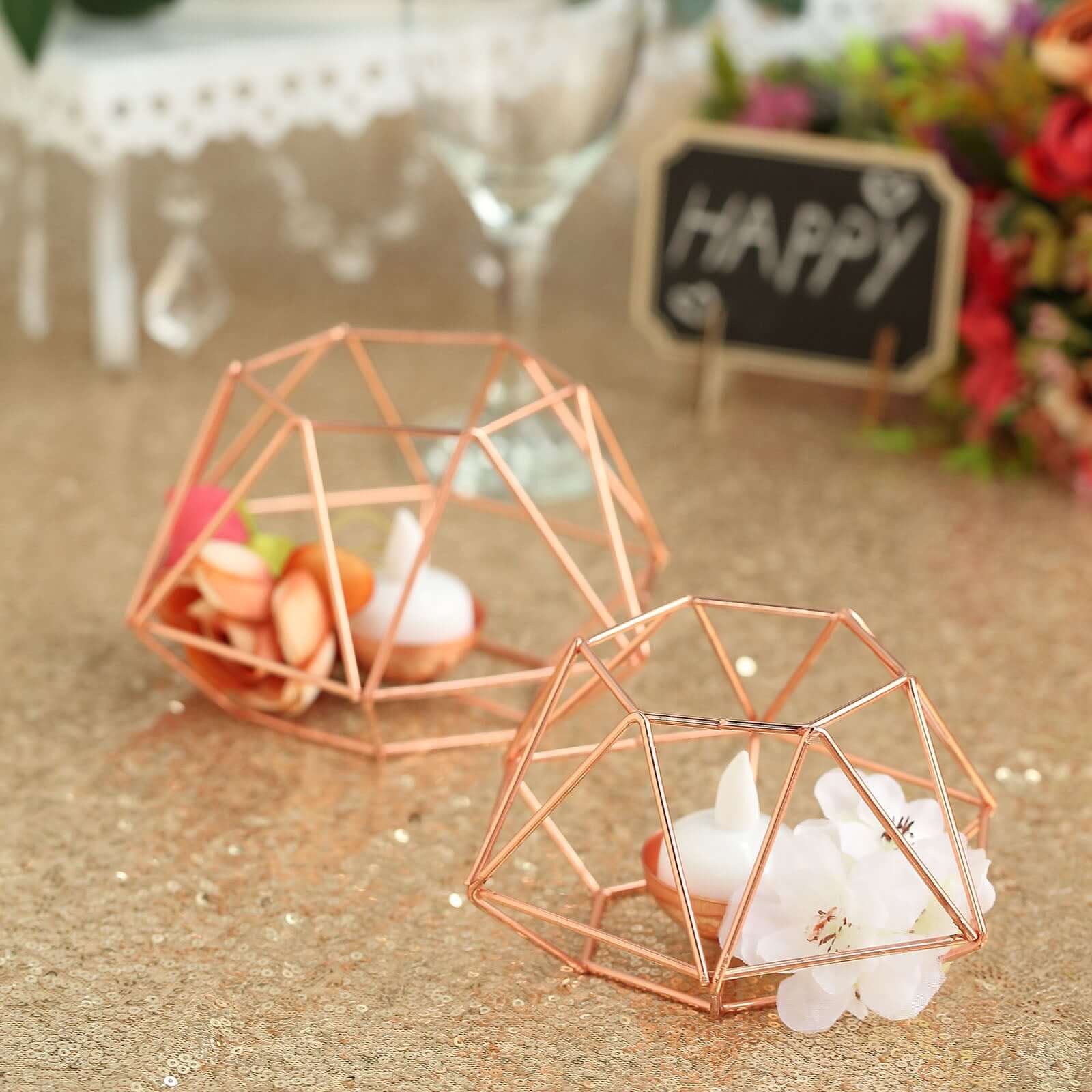 Set of 2 Candle Holders Metal Hexagon Geometric Design Rose Gold - Modern Decorative Centerpieces for Tables 4x3