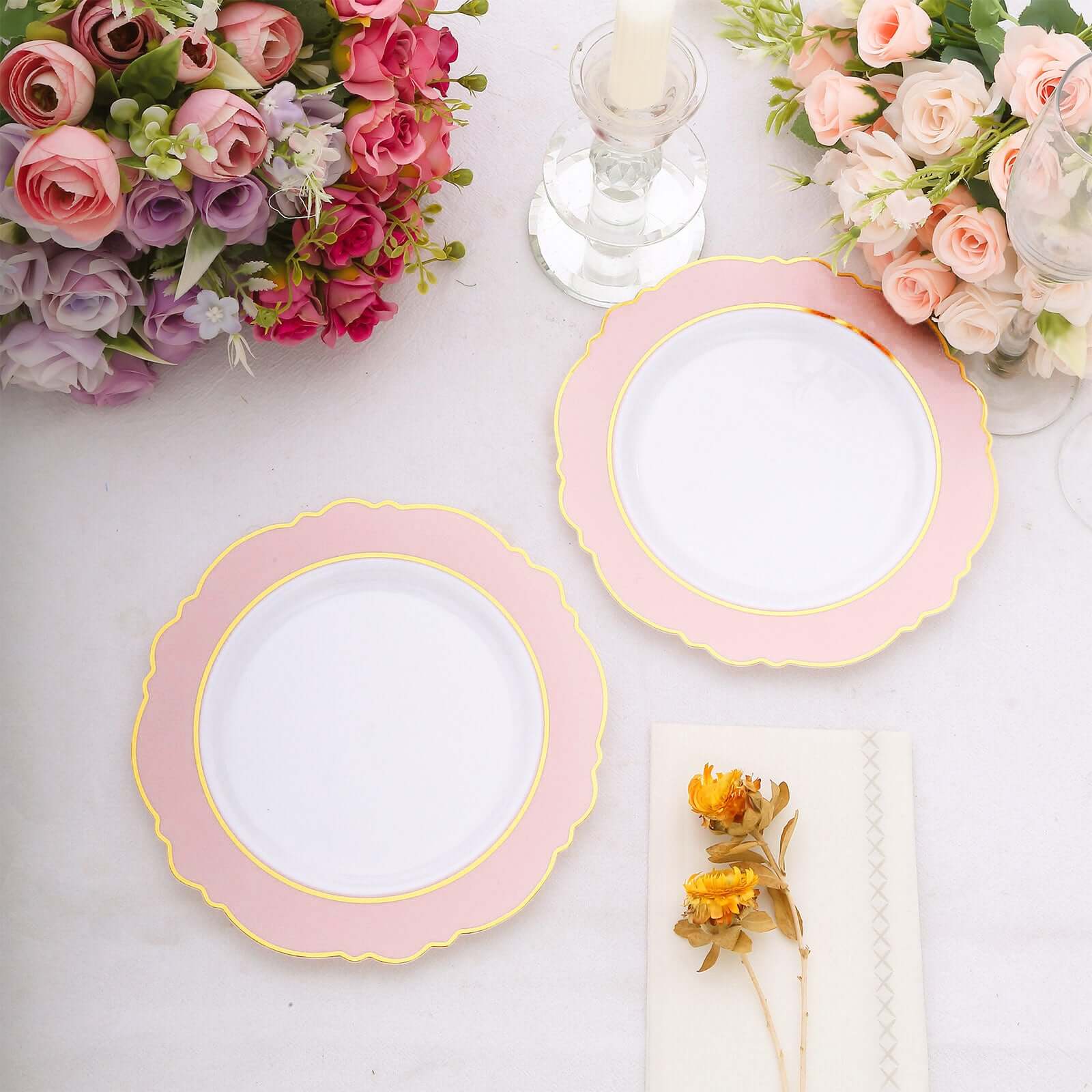 10-Pack Plastic 8 Round Dessert Plates in White with Blush Blossom Design & Gold Edging - Disposable Salad Appetizer Plates