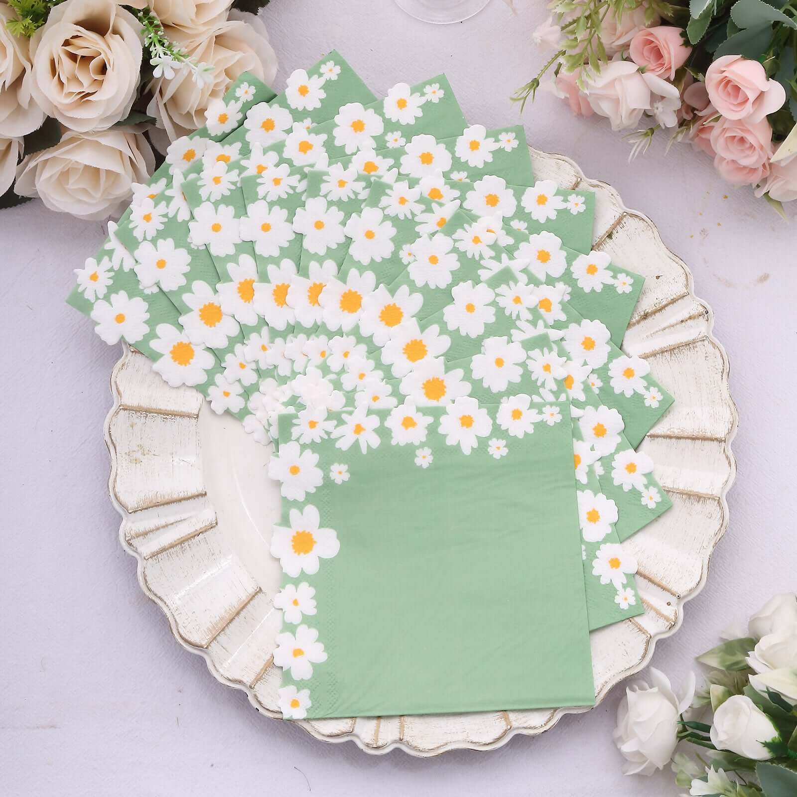 50-Pack Paper Beverage Napkins with Daisy Flower Design Sage Green - 2 Ply Soft 18GSM Floral Wedding Napkins 6.5x6.5