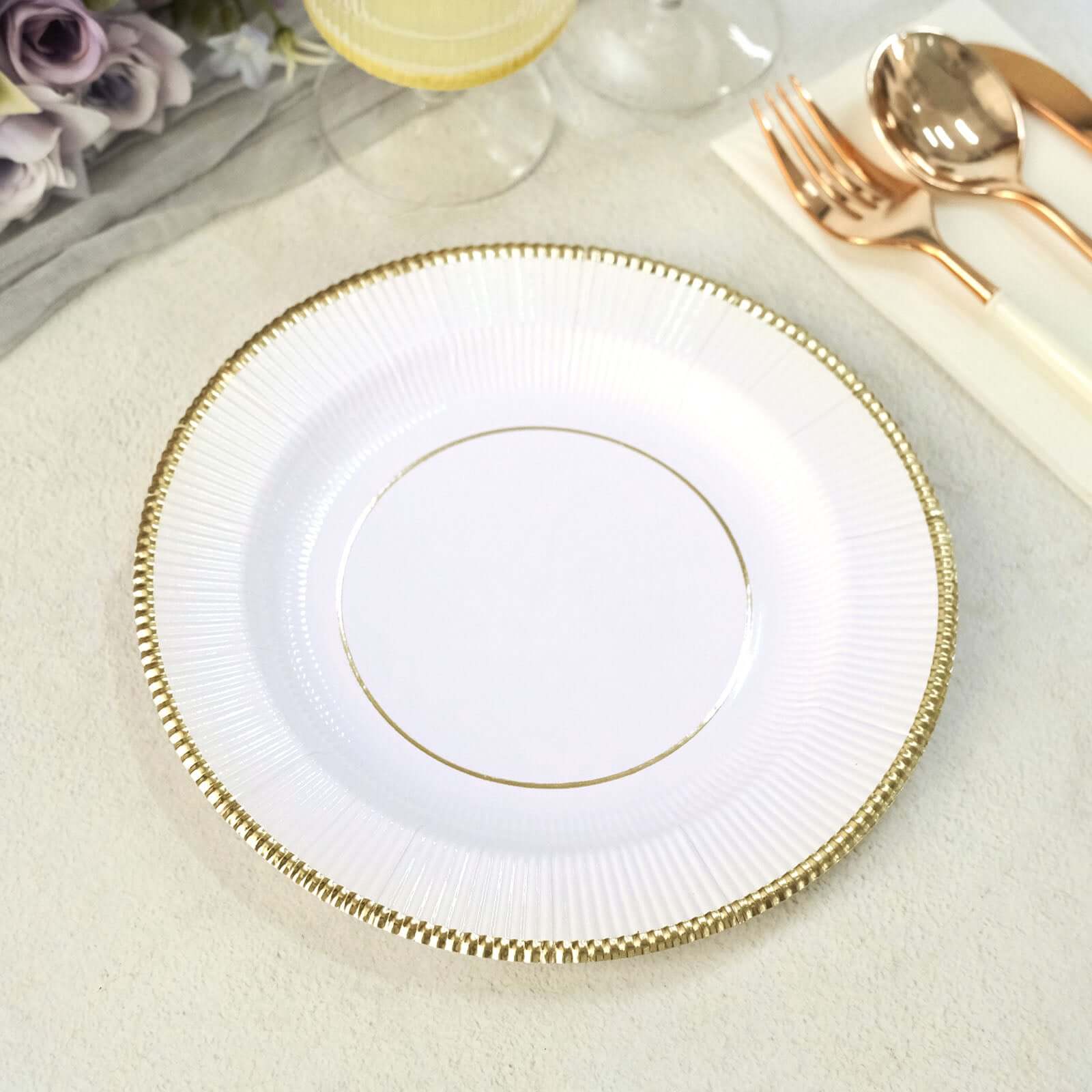 25-Pack Paper 8 Round Dessert Plates in White Sunray Design with Gold Rim - Disposable Heavy Duty 350GSM Appetizer Salad Plates for Banquets & Celebrations