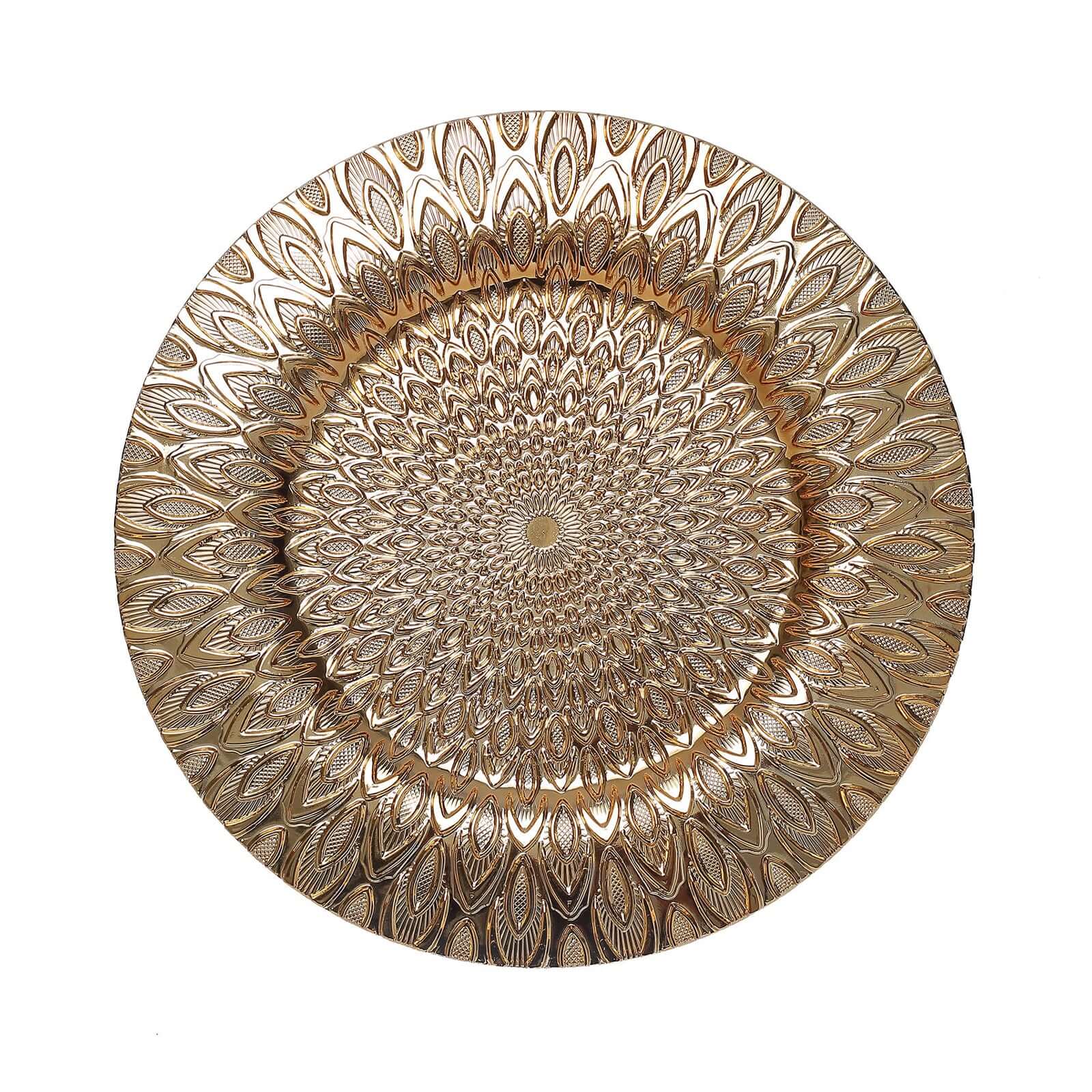 6-Pack Plastic Round Charger Plates 13 in Gold with Embossed Peacock Pattern, Stylish Disposable Charger Tableware