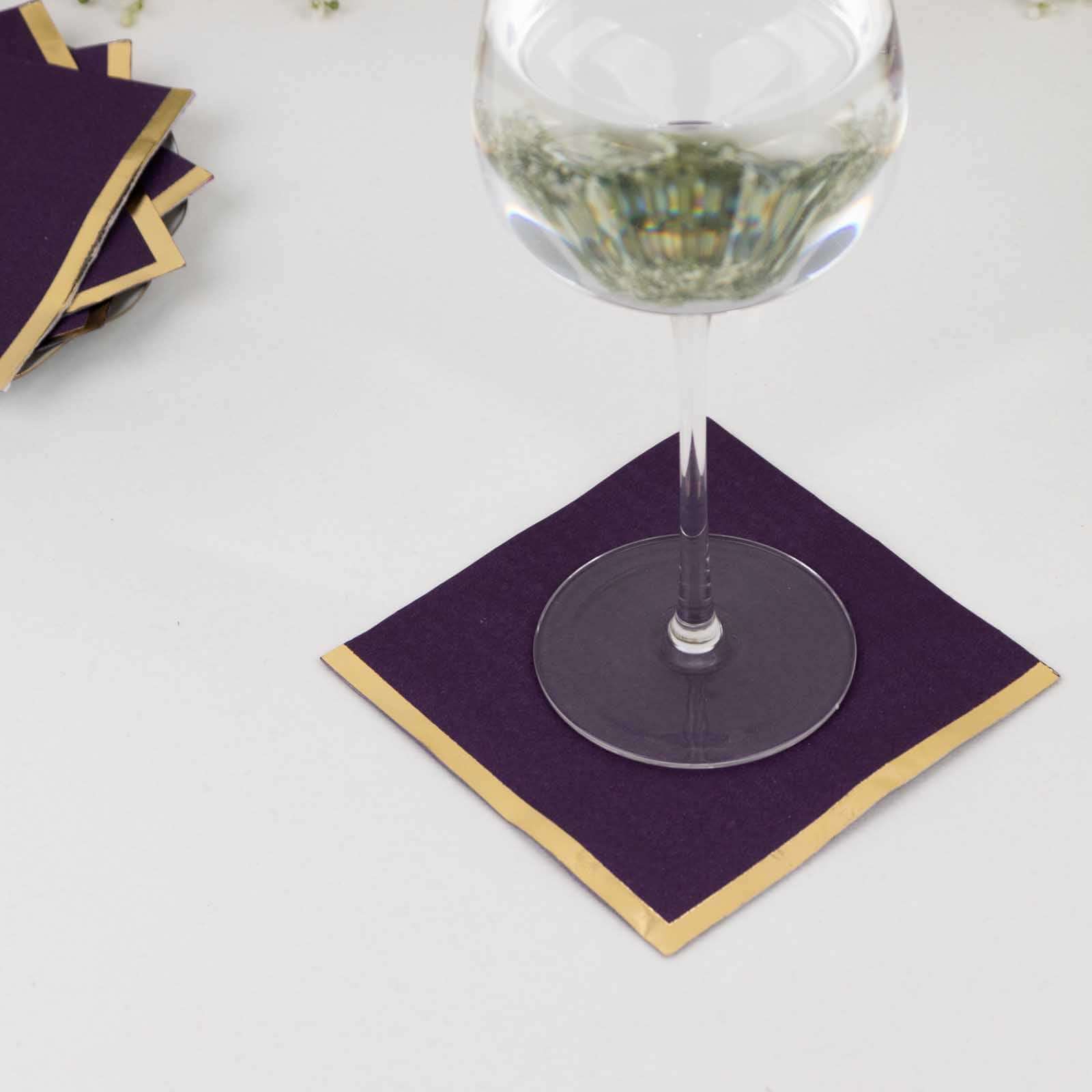 50-Pack Paper Beverage Napkins Purple with Gold Foil Edge - 2 Ply Disposable Soft 18GSM Cocktail Napkins 5x5