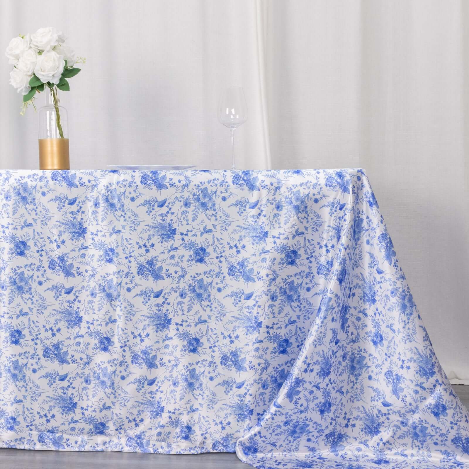 Satin Round 90x132 Tablecloth White/Blue French Toile Design - Seamless Stylish & Wrinkle-Resistant Table Cover