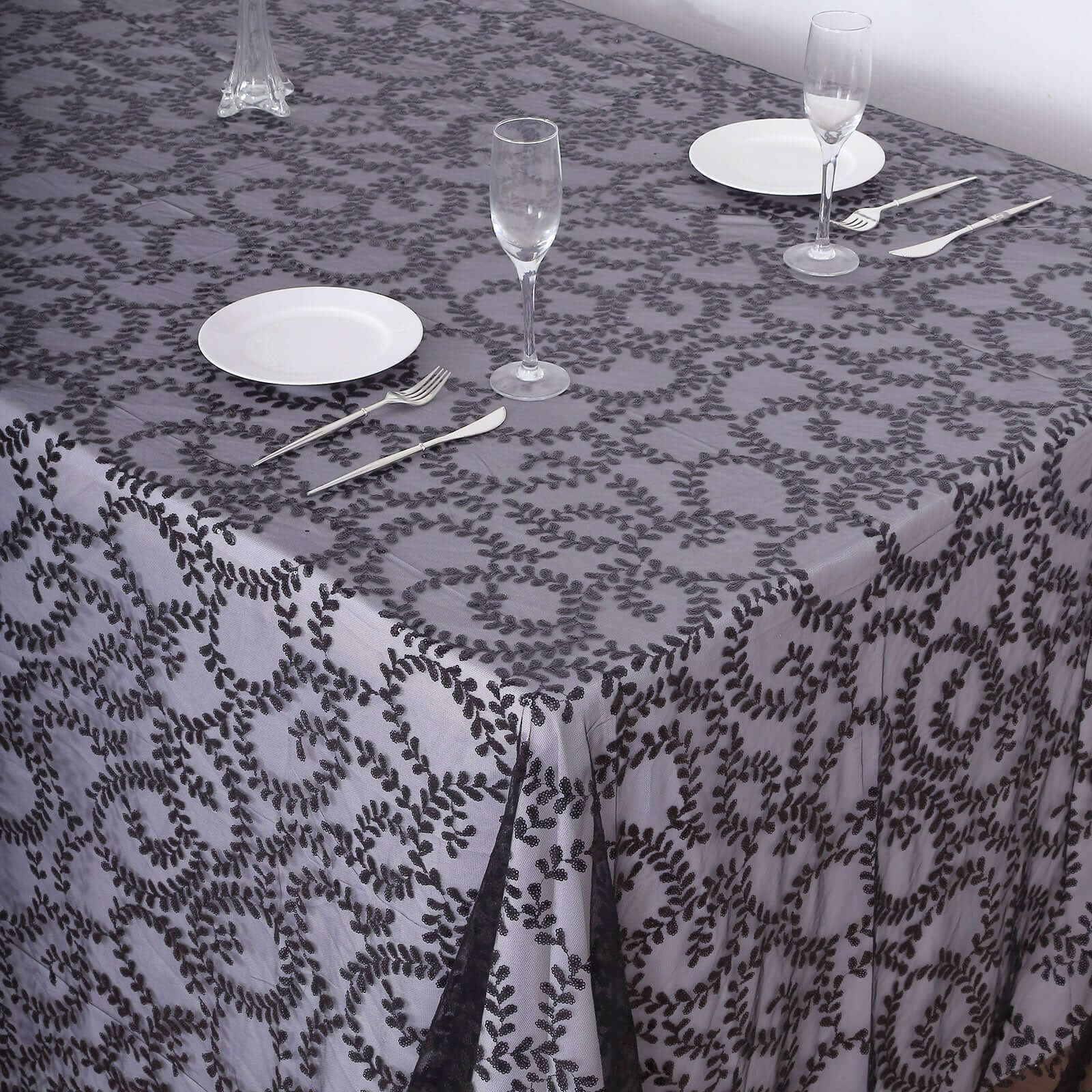 Tulle 90x156 Rectangle Tablecloth Black - Sequin Leaf Embroidered Table Cover