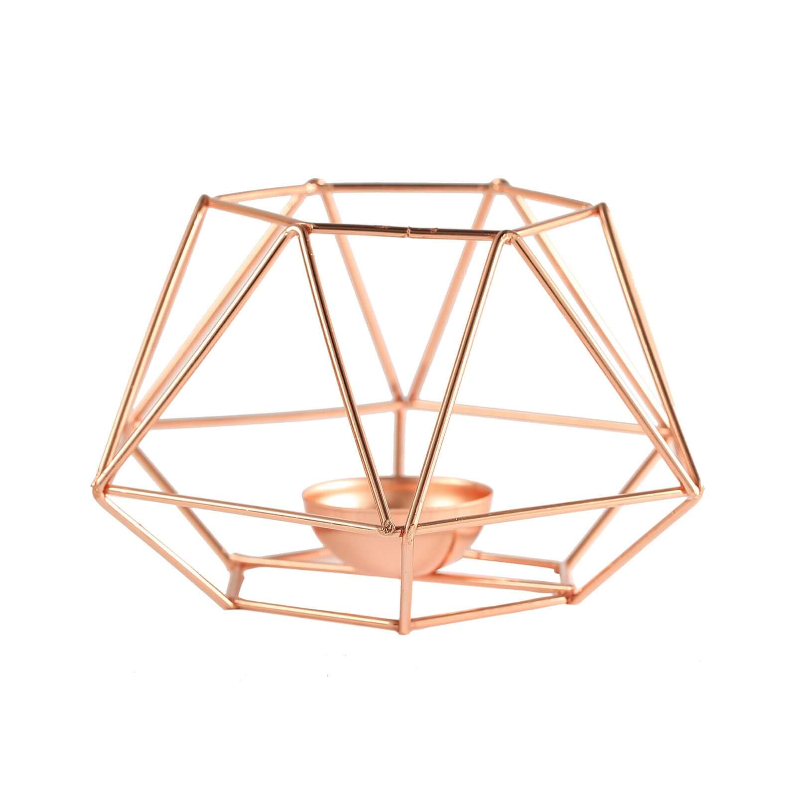 Set of 2 Candle Holders Metal Hexagon Geometric Design Rose Gold - Modern Decorative Centerpieces for Tables 4x3