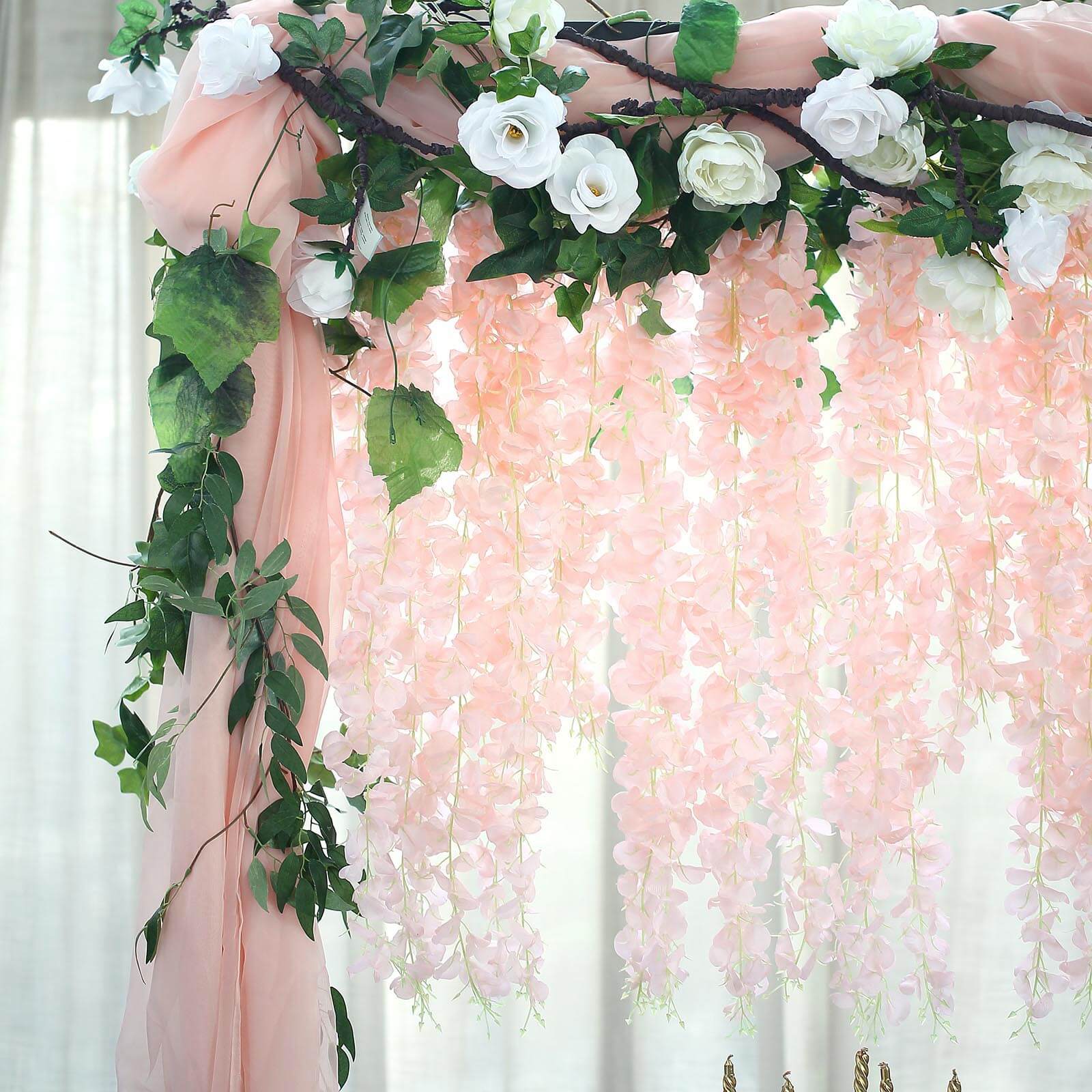 42 Silk Hanging Wisteria Flower Garland Vines in Blush, Elaborated 5 Full Strands in 1 Bush