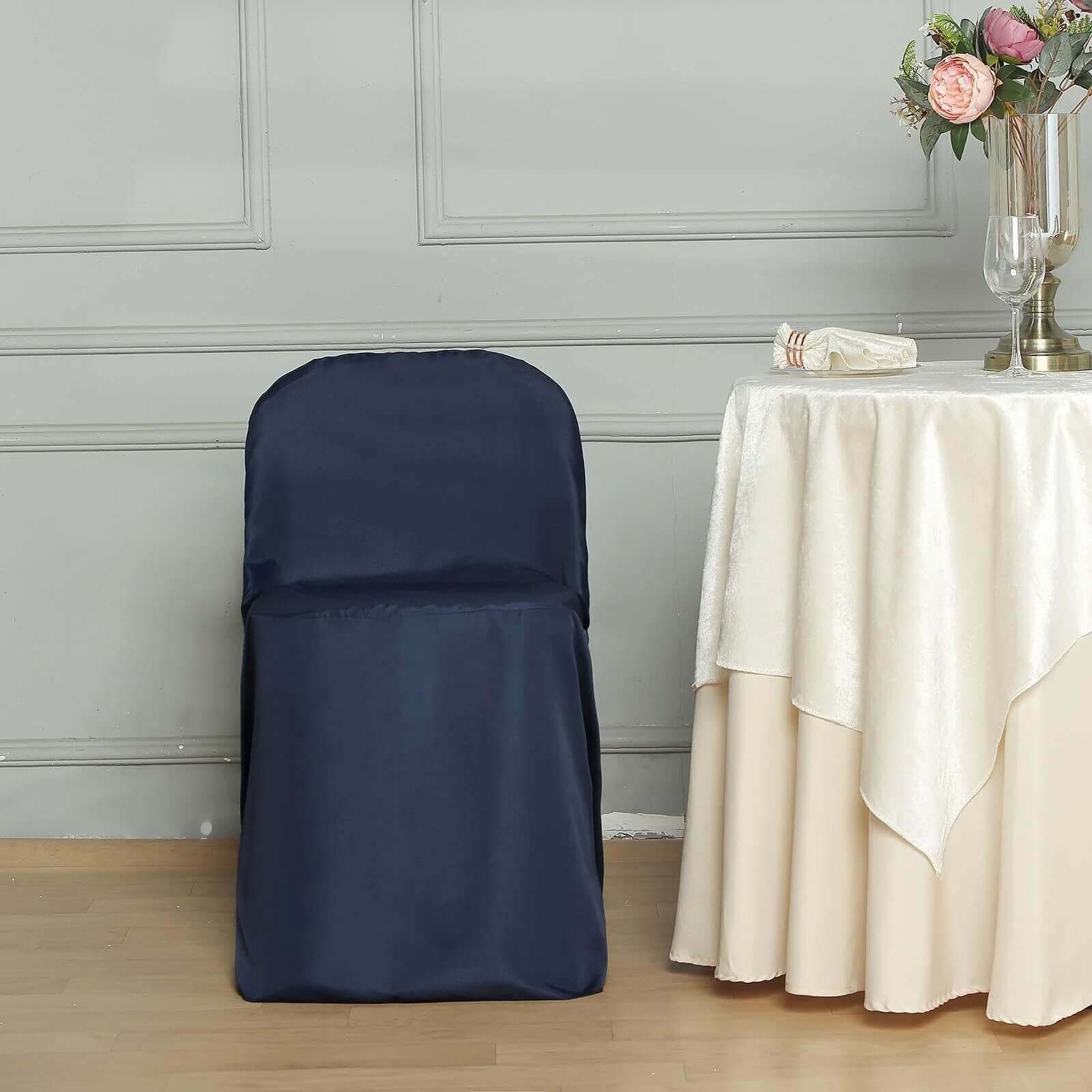 10 Pack Polyester Chair Covers for Folding Chairs Navy Blue - Wrinkle-Free Stain-Resistant Slip-On Slipcovers