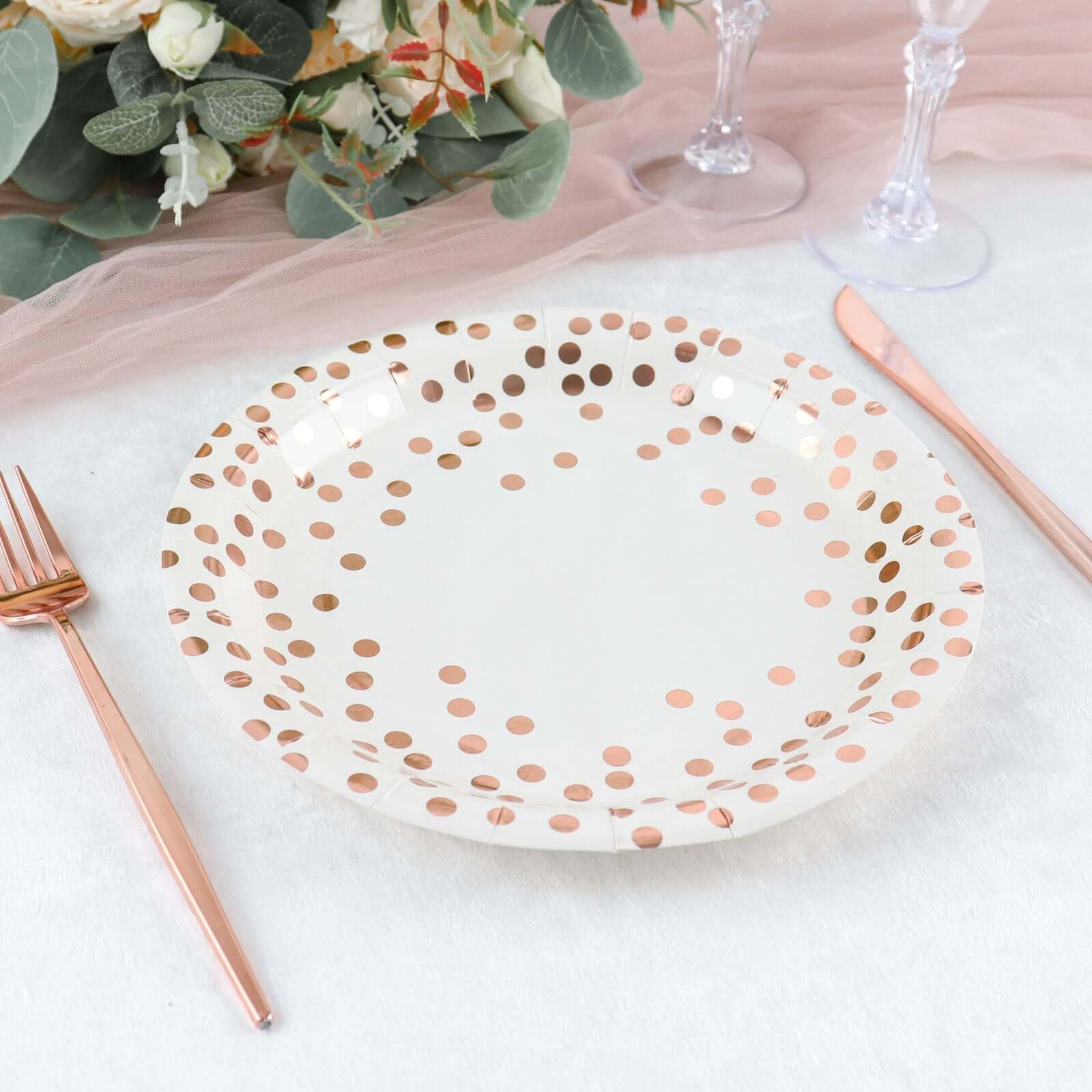 25-Pack Paper Round Dinner Plates 9 White with Metallic Rose Gold Polka Dots - Disposable 300GSM Party Plates for Banquets & Celebrations