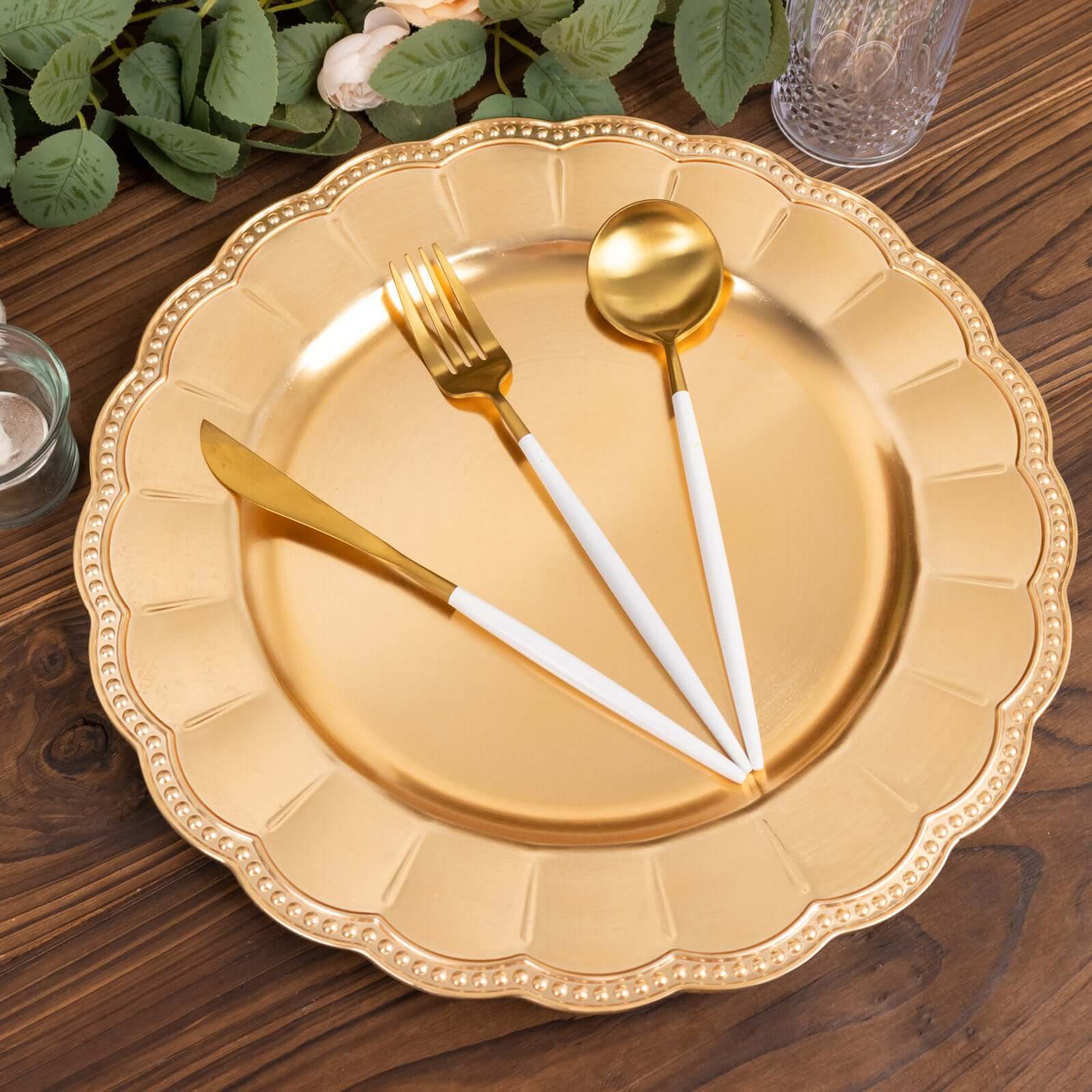 6-Pack Acrylic Round Charger Plates 13 in Metallic Gold with Beaded Sunflower Rim, Plastic Dinner Party Charger Tableware