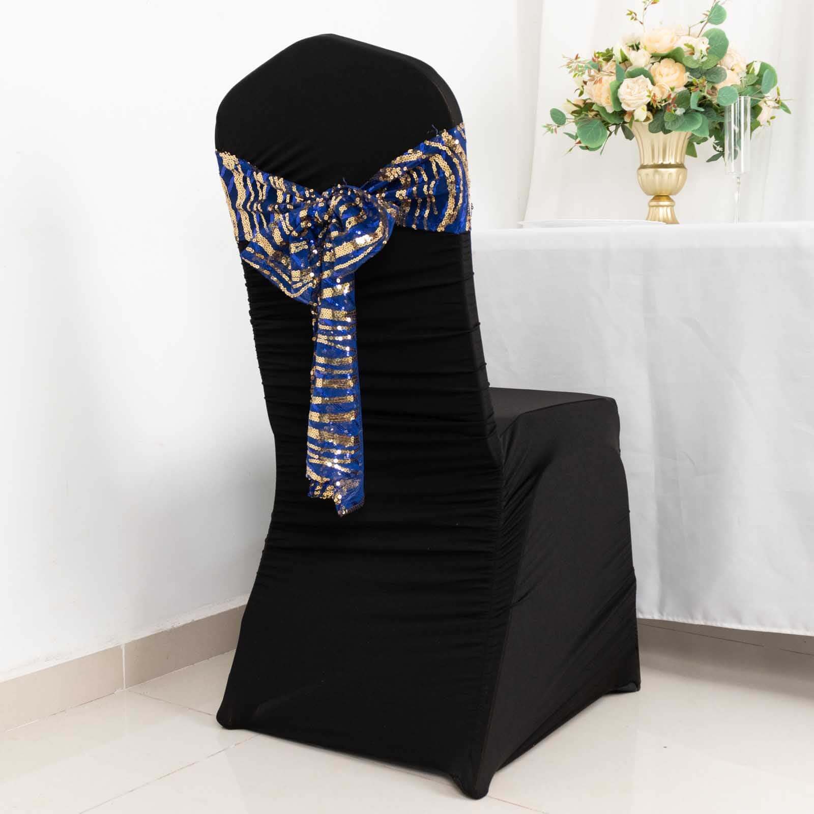 5 Pack Chair Sashes with Wave Embroidered Sequins Royal Blue/Gold 6x88