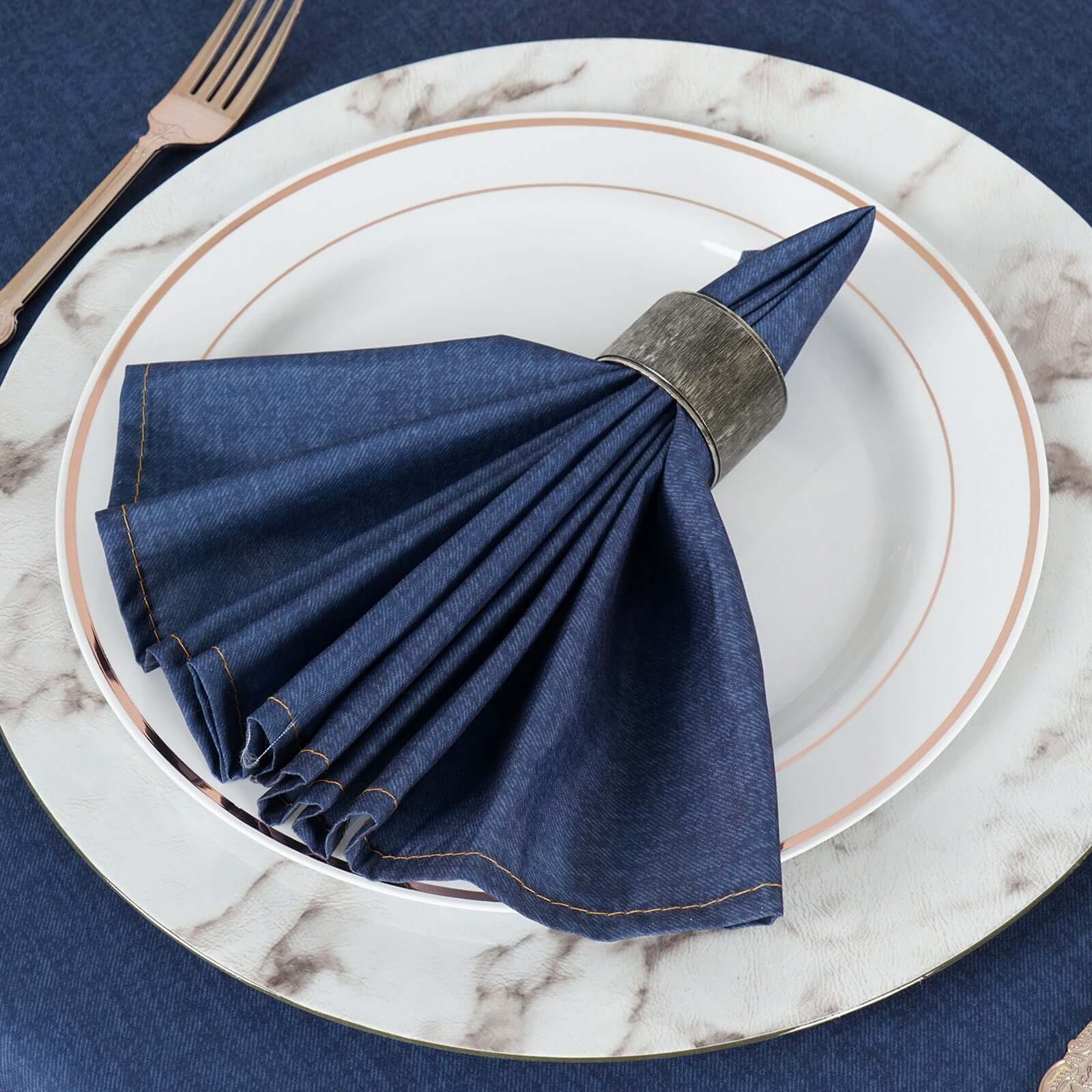 5 Pack Polyester 17x17 Napkins Navy Blue Faux Denim Style Dinner Napkins for Casual Gatherings & Themed Events