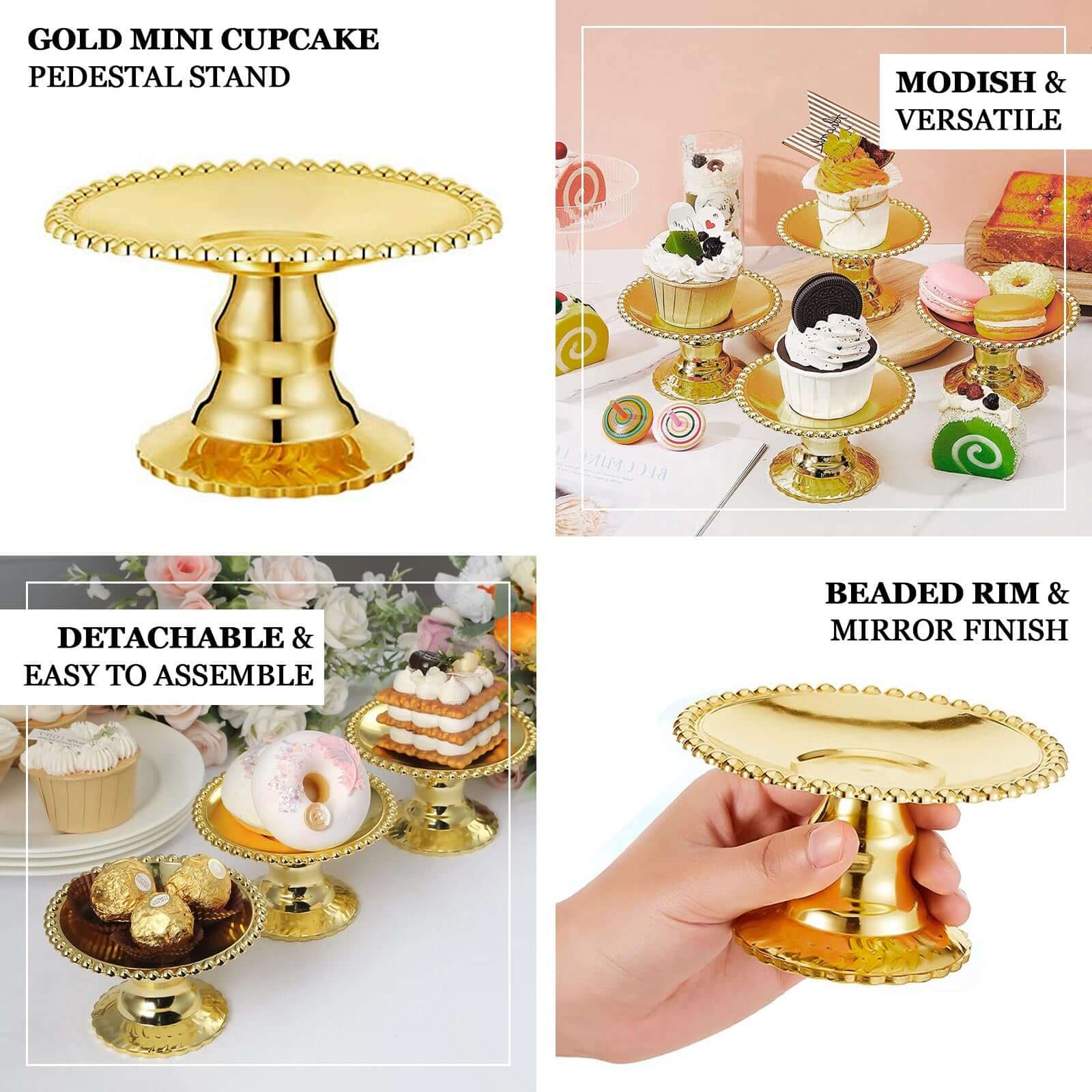 12-Pack Plastic Pedestal Cupcake Plates Mini Gold Mirror Finish Beaded Rim - Great for Displays 5