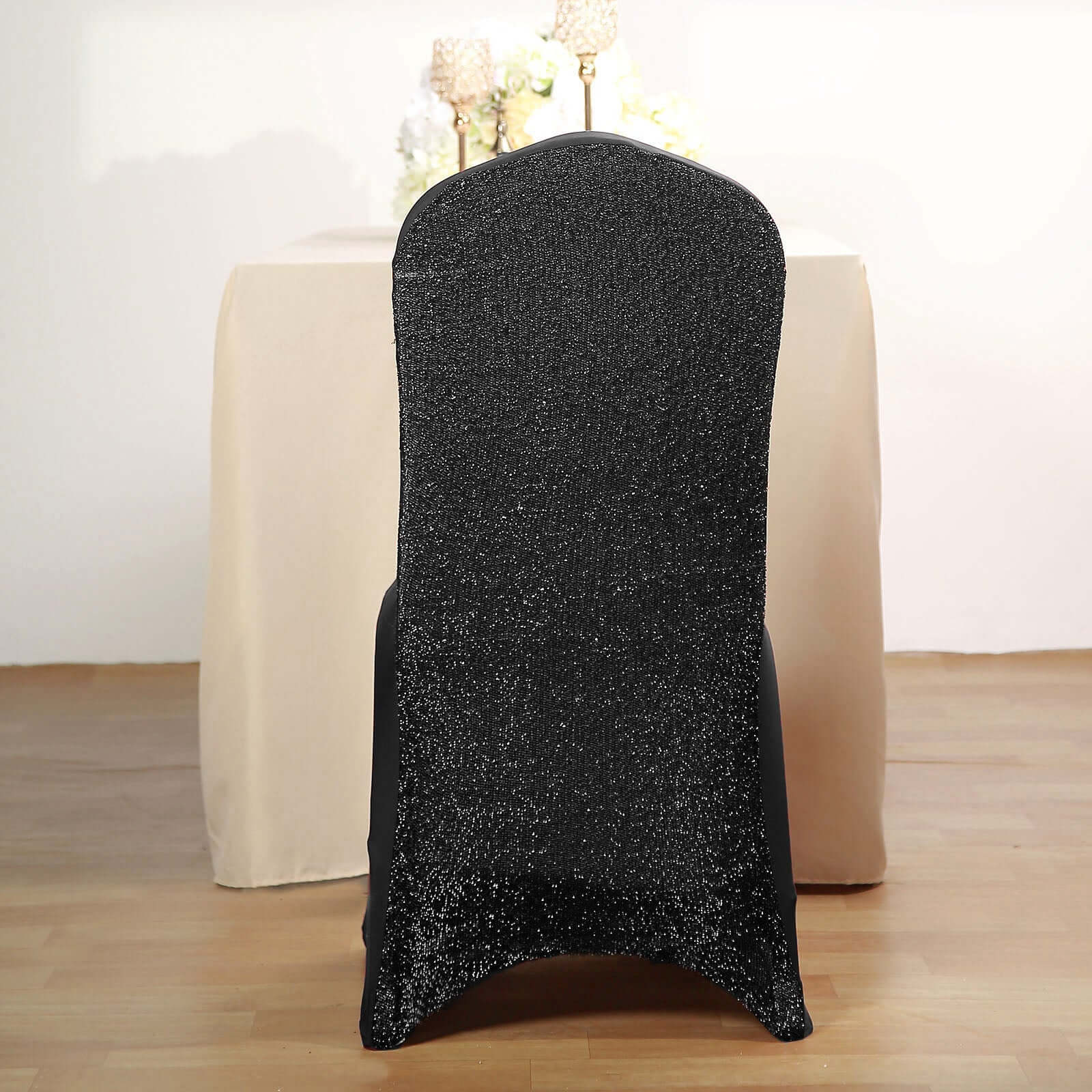 Spandex Chair Cover with Metallic Shimmer Tinsel Back for Banquet Chairs Black - Luxe Fitted Slipcover for Weddings & Parties