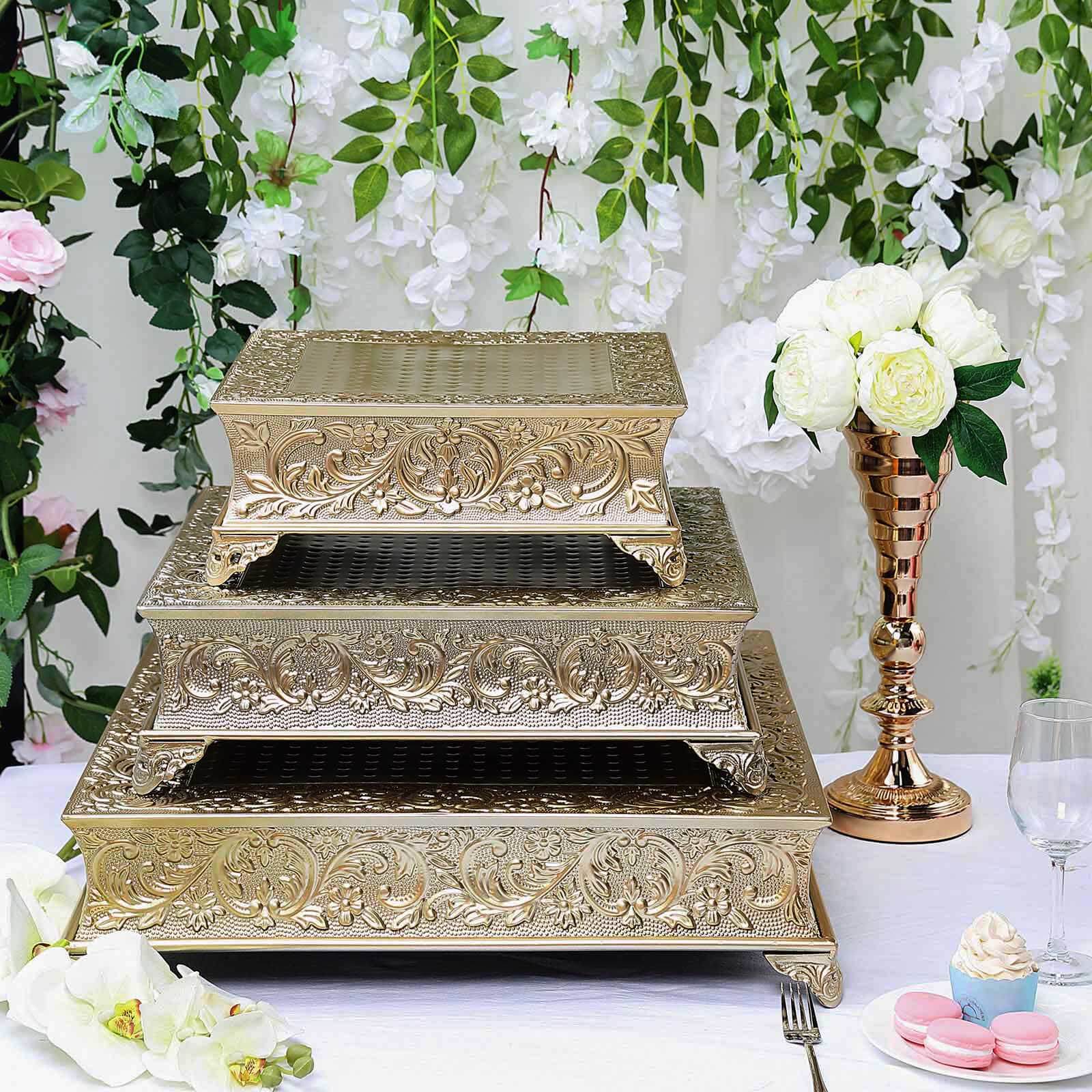 22 Square Gold Embossed Cake Pedestal, Metal Cake Stand Cake Riser